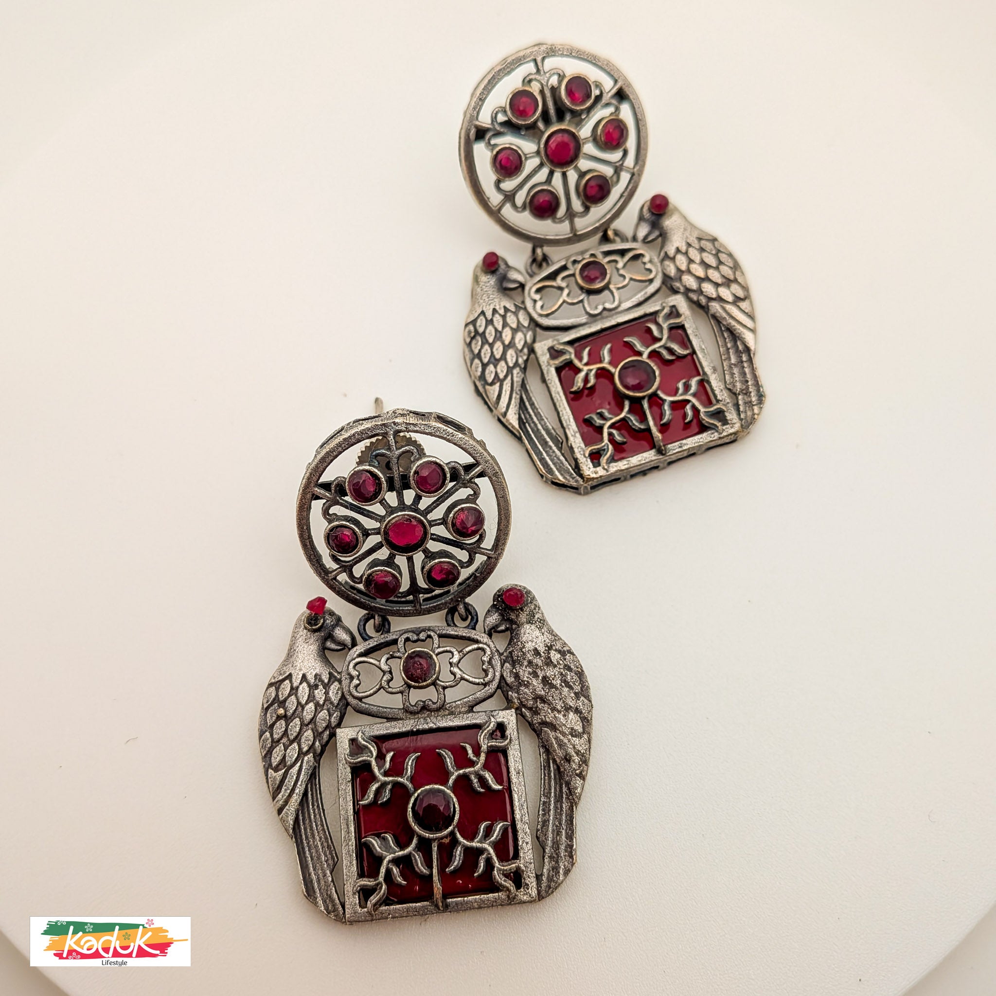 Oxidized Silver Parrot Motif Stud Earrings with Ruby Red Enamel Work