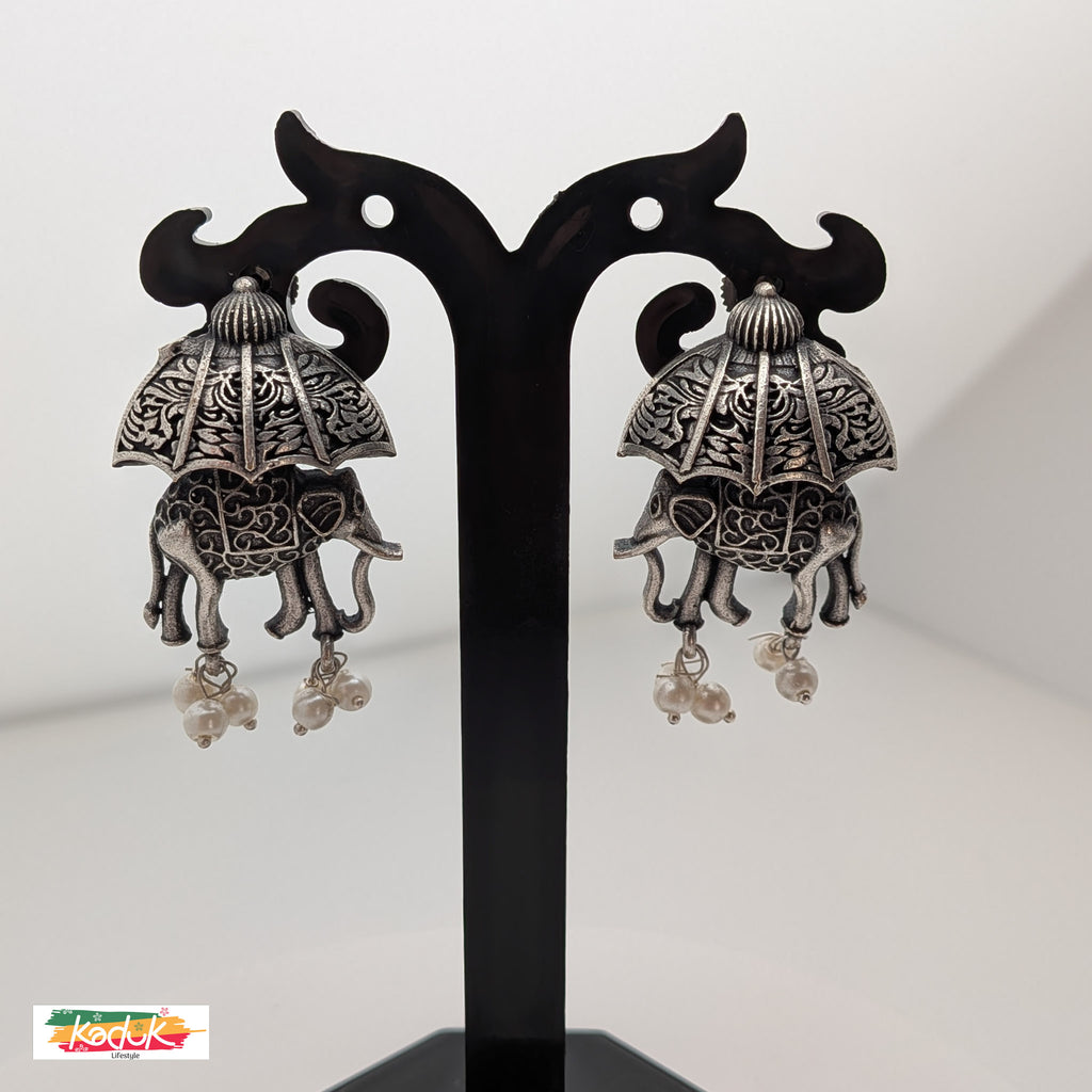 Oxidized Silver Elephant Motif Earrings with Umbrella Design & Pearl Drops
