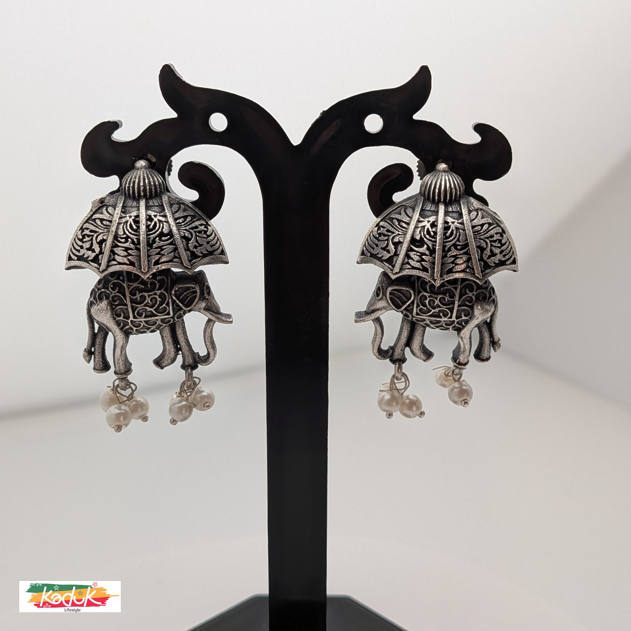 Oxidized Silver Elephant Motif Earrings with Umbrella Design & Pearl Drops