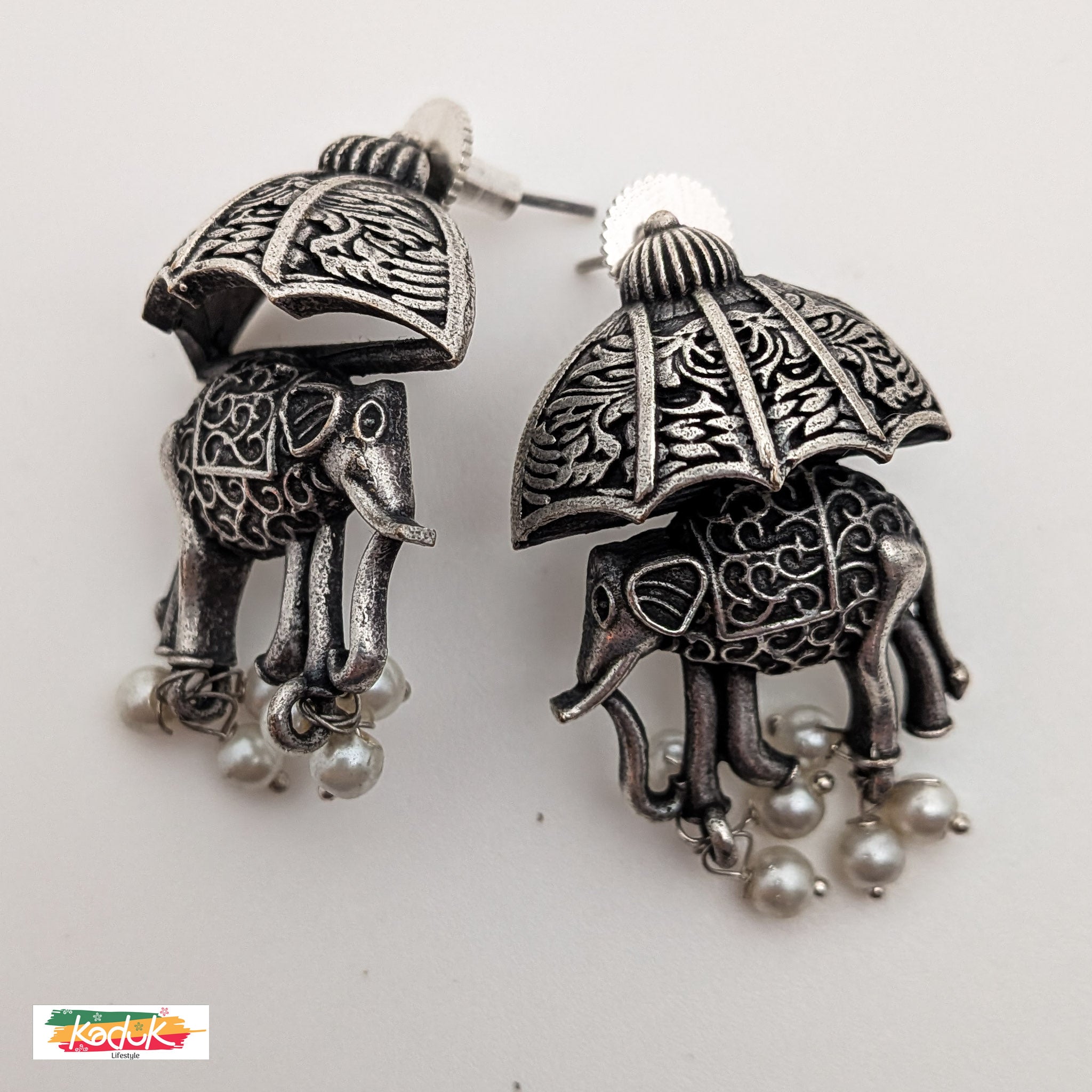 Oxidized Silver Elephant Motif Earrings with Umbrella Design & Pearl Drops