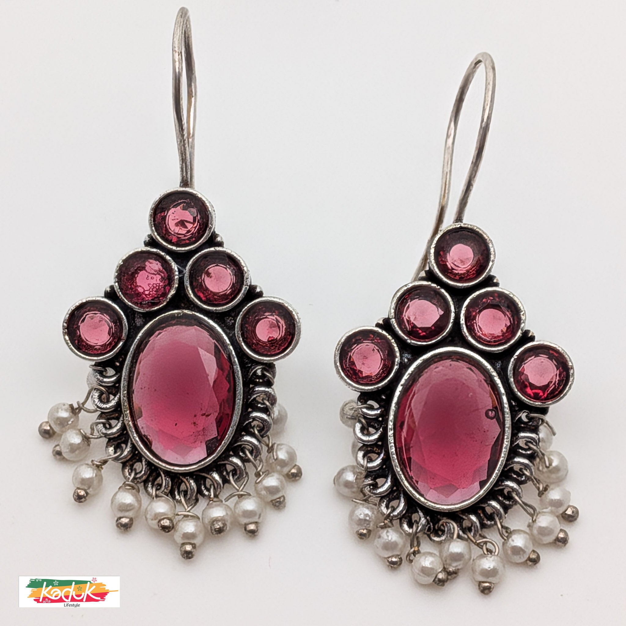 Oxidized Silver Earrings with Pink Stones & Pearl Danglers
