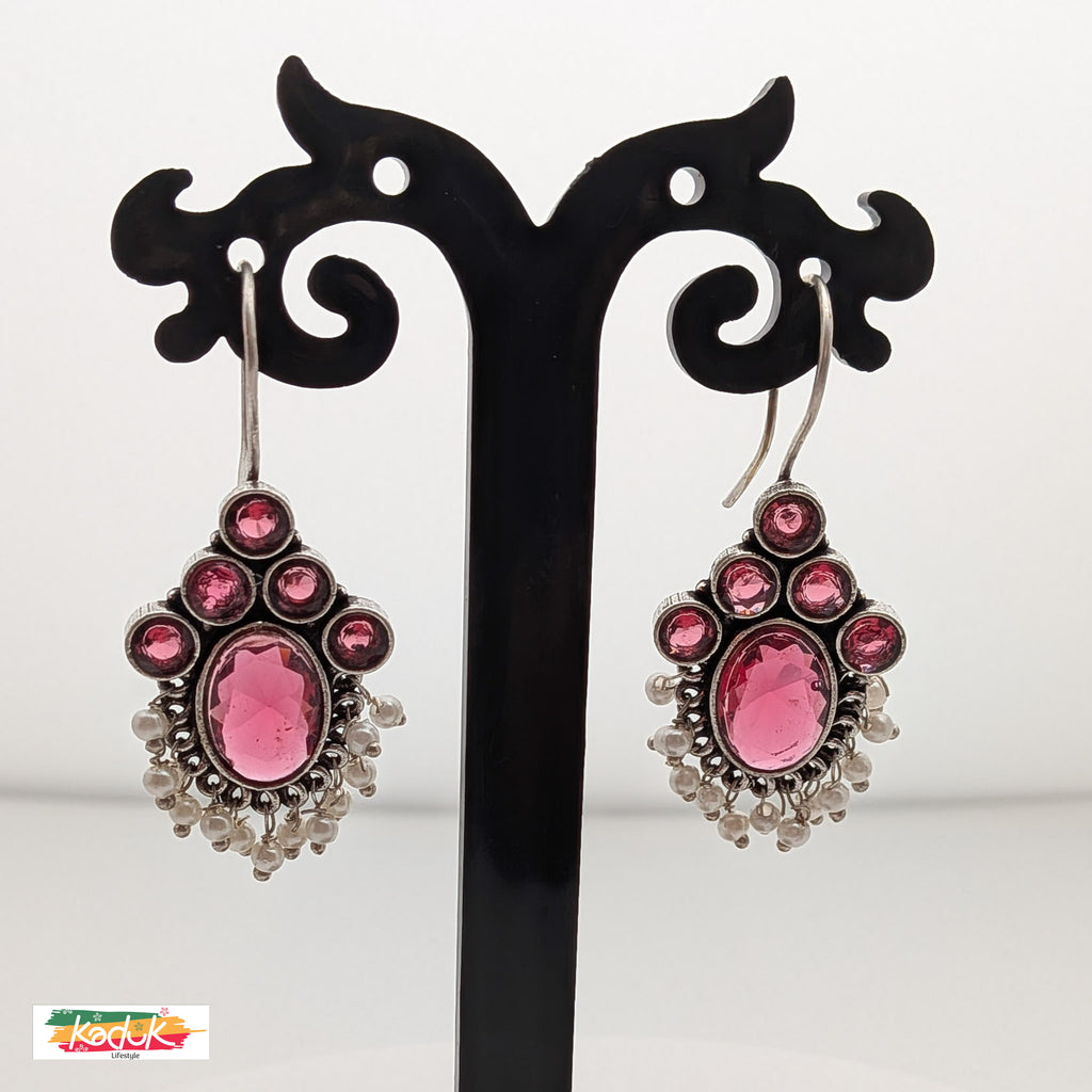 Oxidized Silver Earrings with Pink Stones & Pearl Danglers