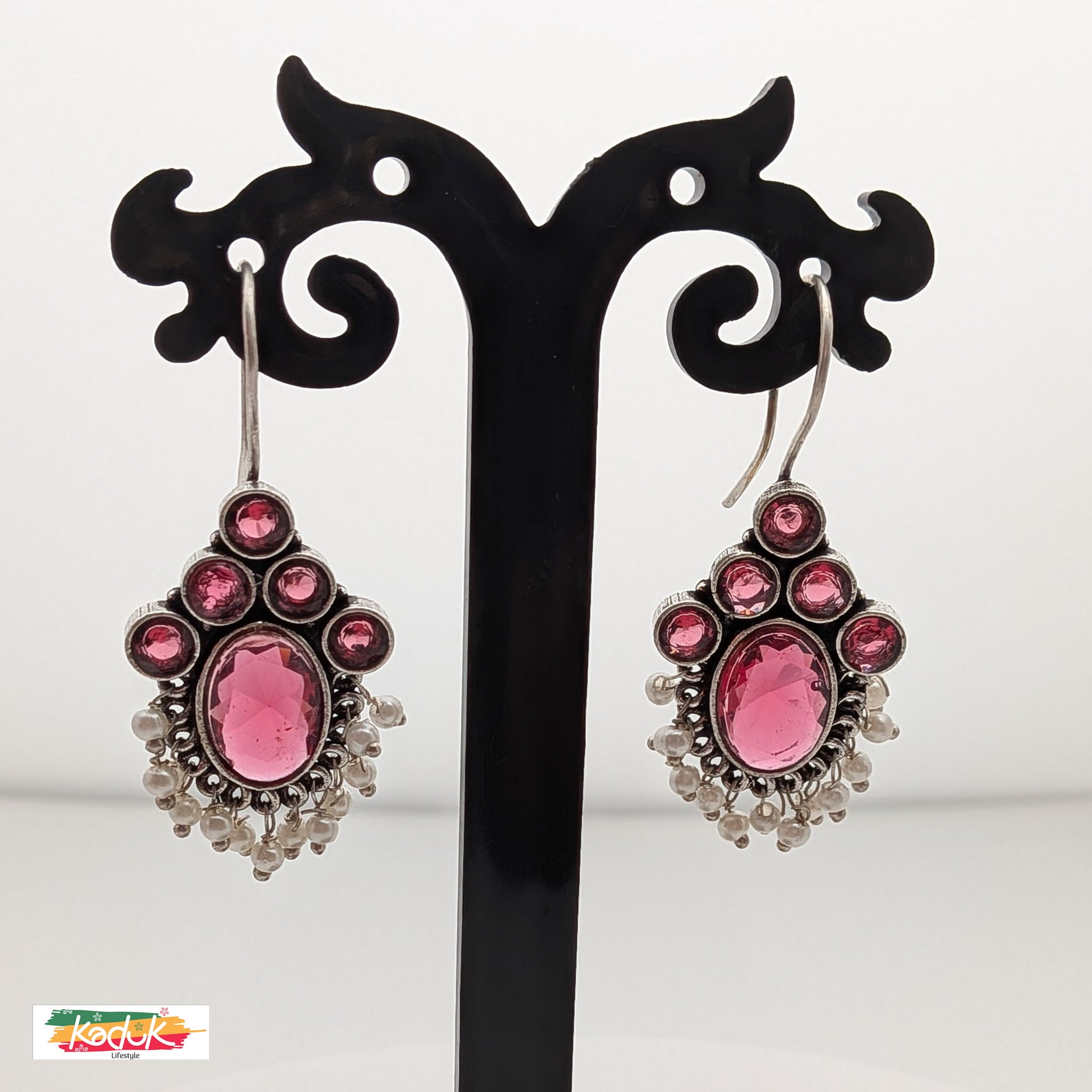 Oxidized Silver Earrings with Pink Stones & Pearl Danglers