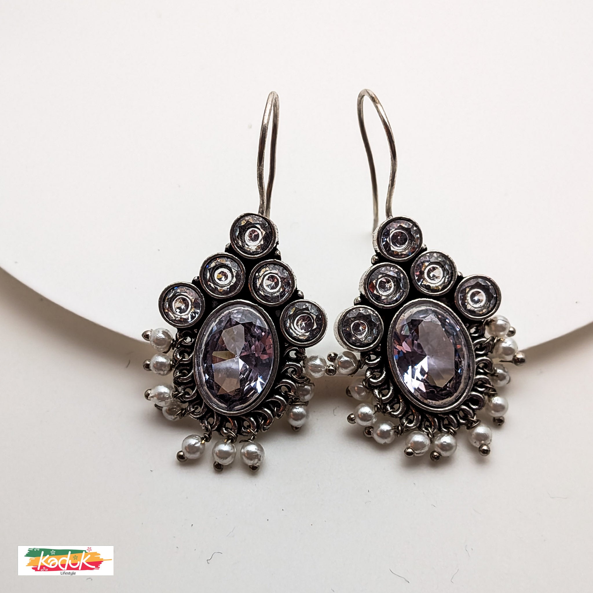 Oxidized Silver Earrings with white Stones & Pearl Danglers