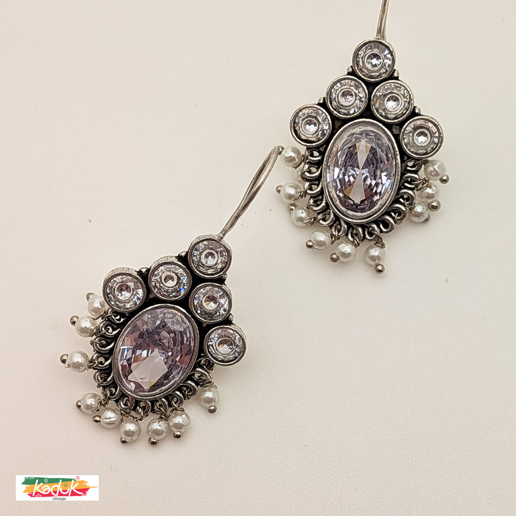 Oxidized Silver Earrings with white Stones & Pearl Danglers