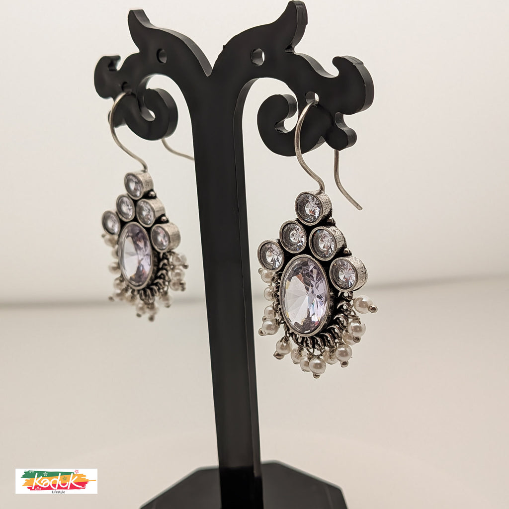 Oxidized Silver Earrings with white Stones & Pearl Danglers