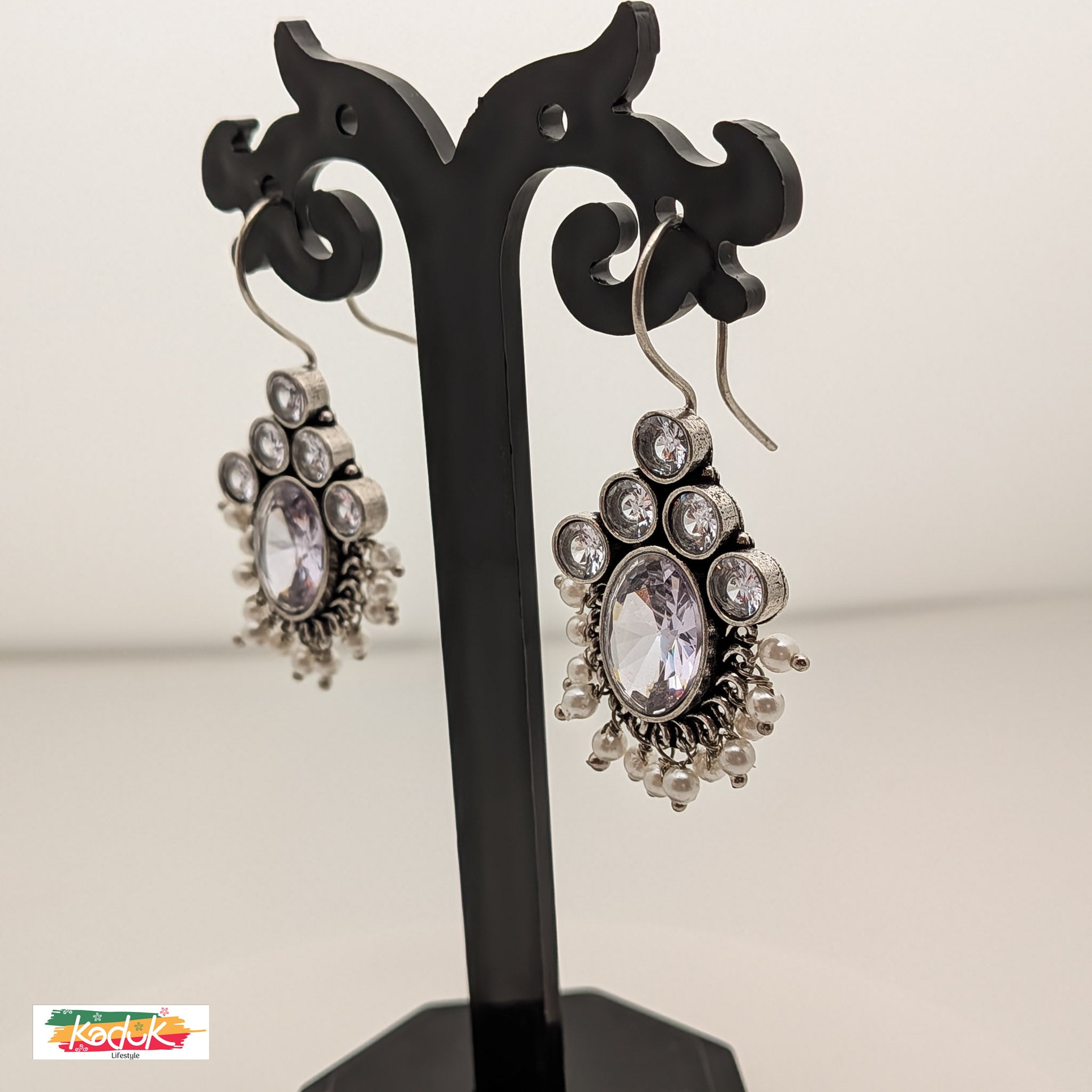 Oxidized Silver Earrings with white Stones & Pearl Danglers