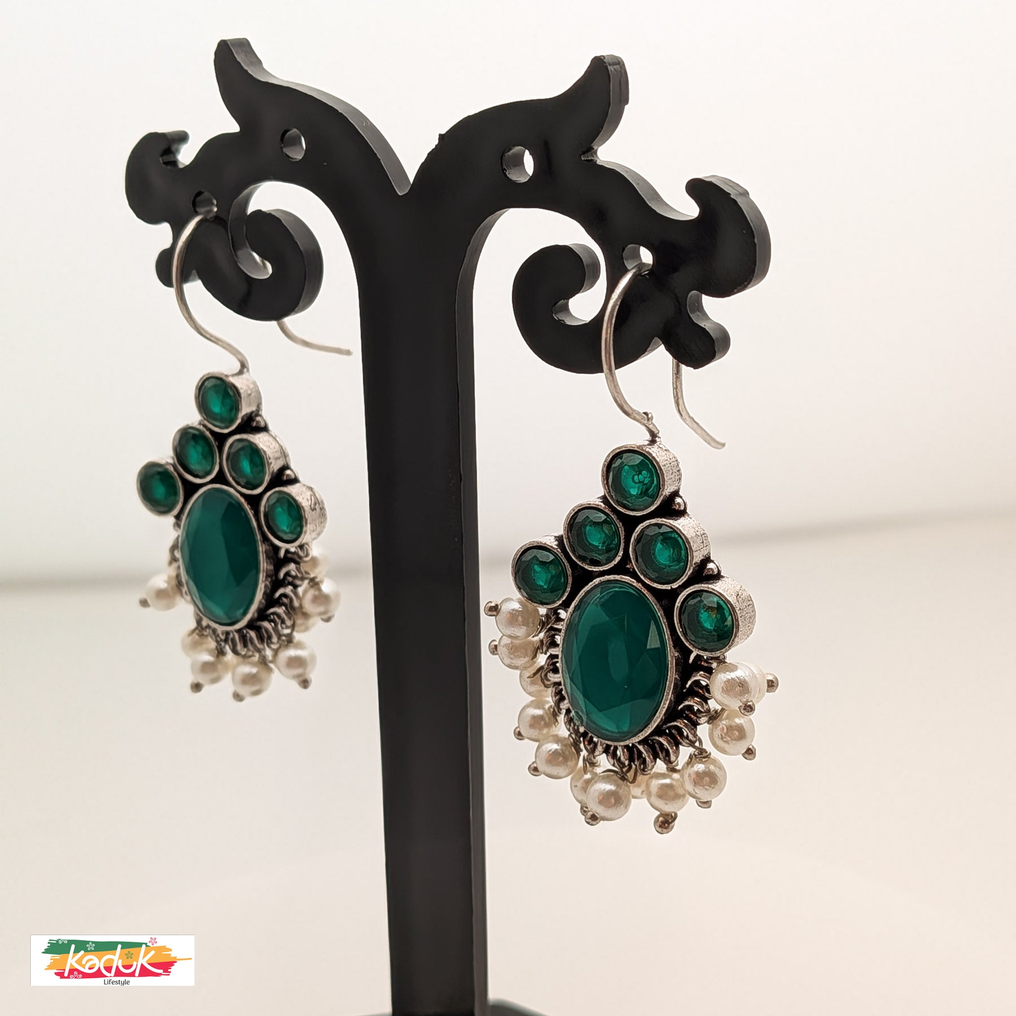 Oxidized Silver Earrings with Green Stones & Pearl Danglers