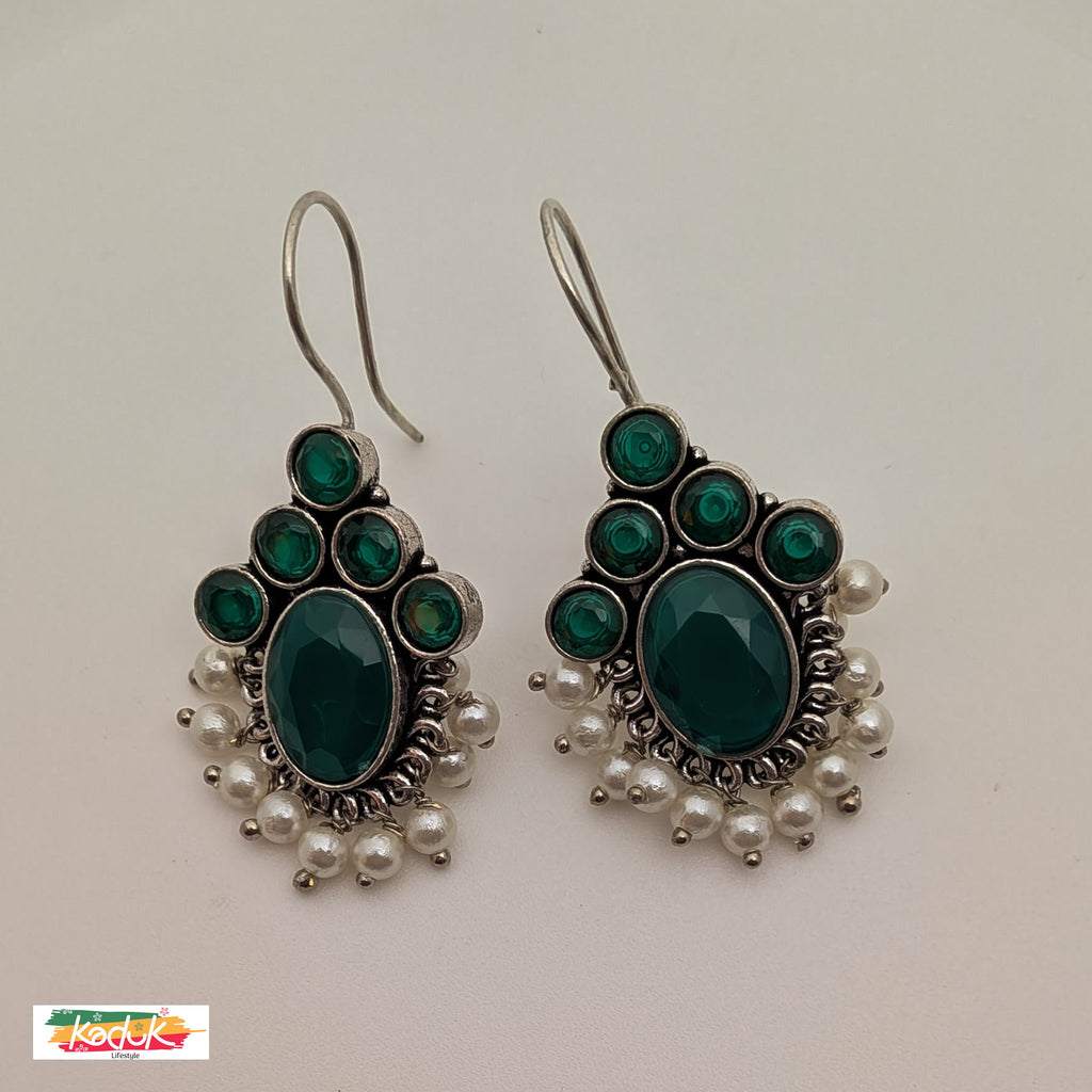 Oxidized Silver Earrings with Green Stones & Pearl Danglers
