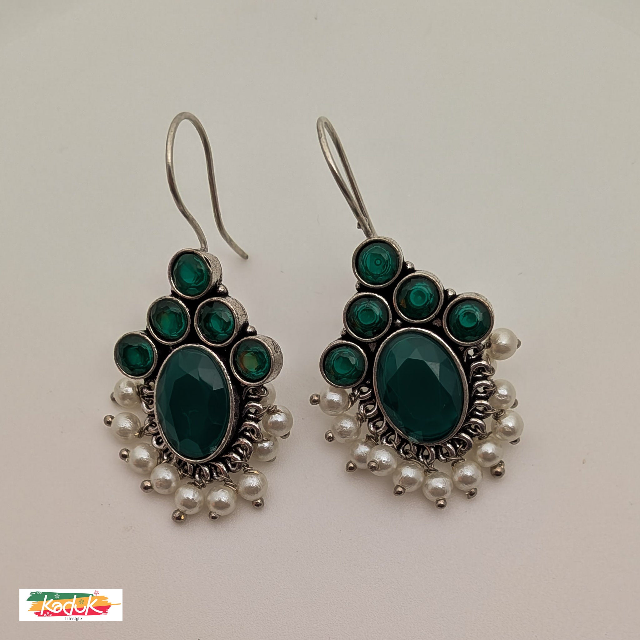 Oxidized Silver Earrings with Green Stones & Pearl Danglers