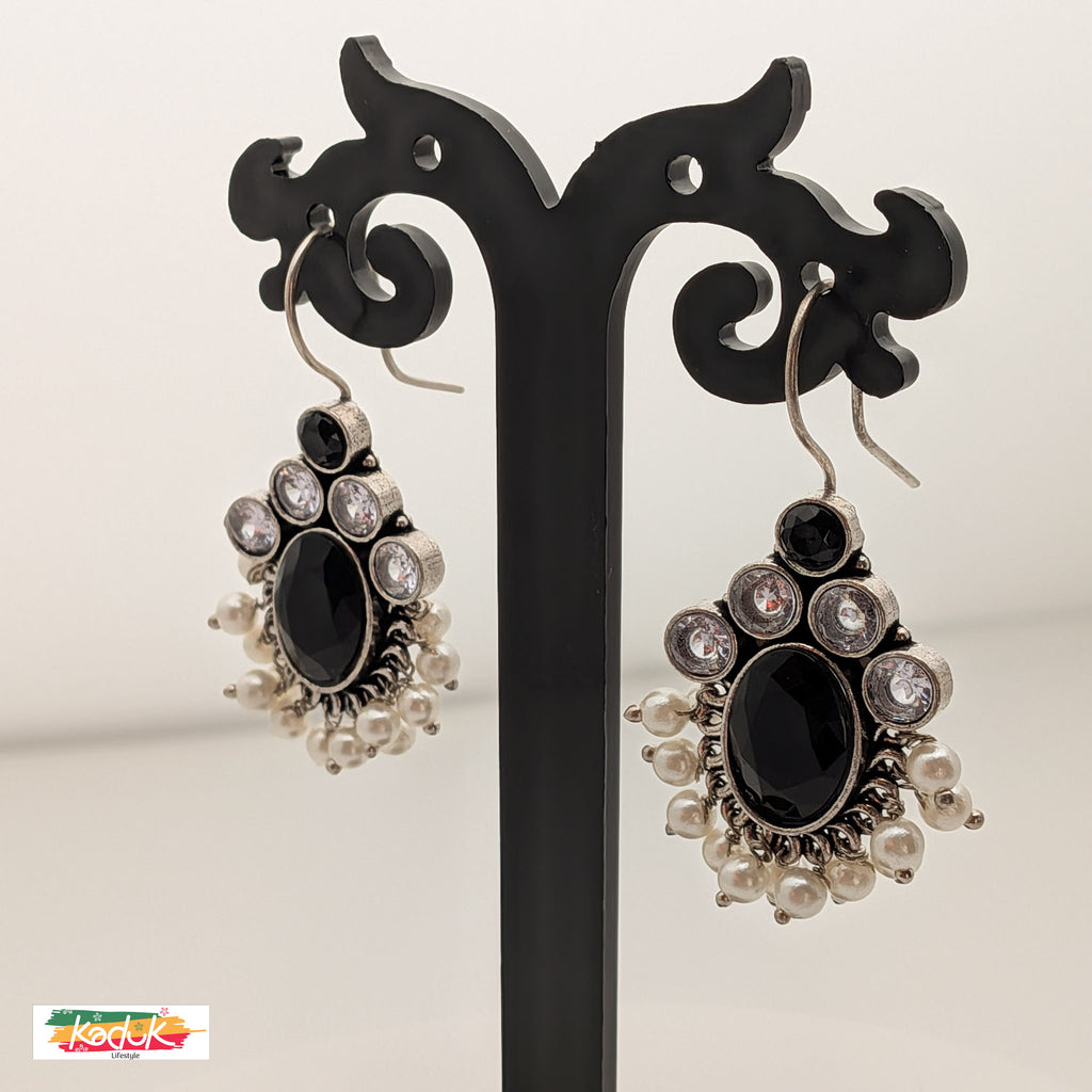 Oxidized Silver Earrings with Black Stones & Pearl Danglers