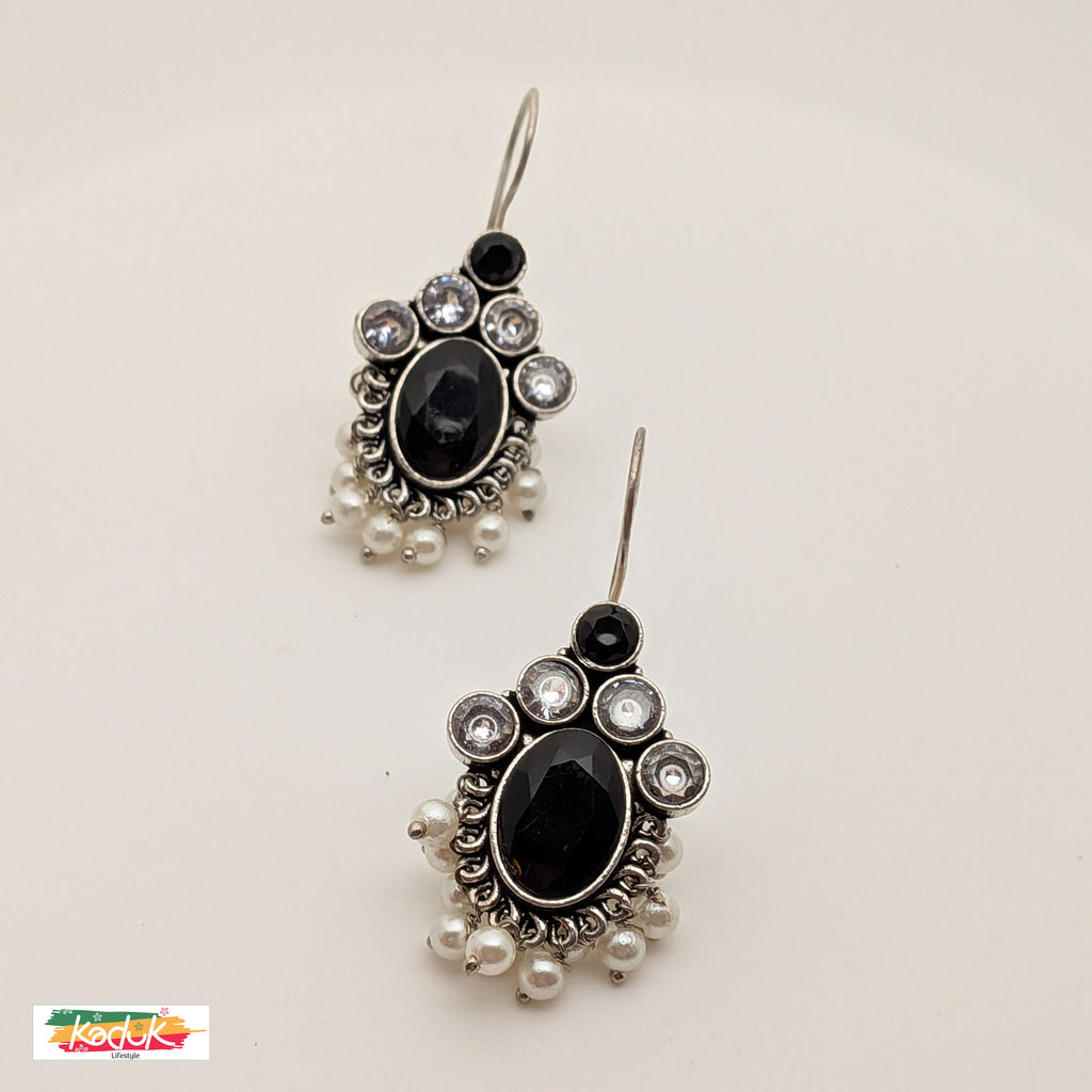 Oxidized Silver Earrings with Black Stones & Pearl Danglers