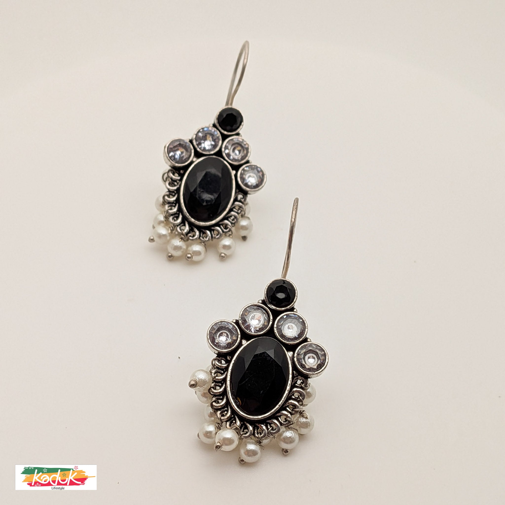 Oxidized Silver Earrings with Black Stones & Pearl Danglers