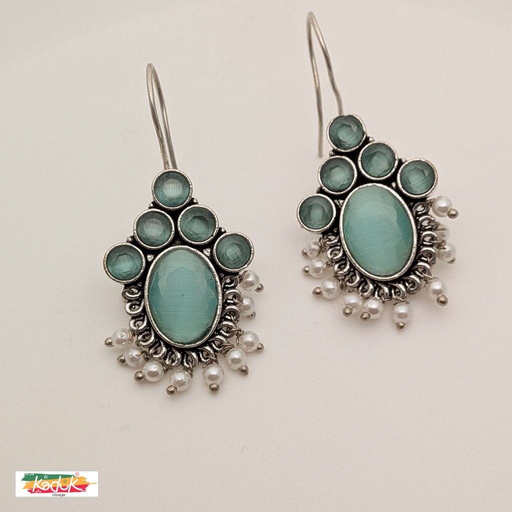 Oxidized Silver Earrings with Mint Green Stones & Pearl Danglers