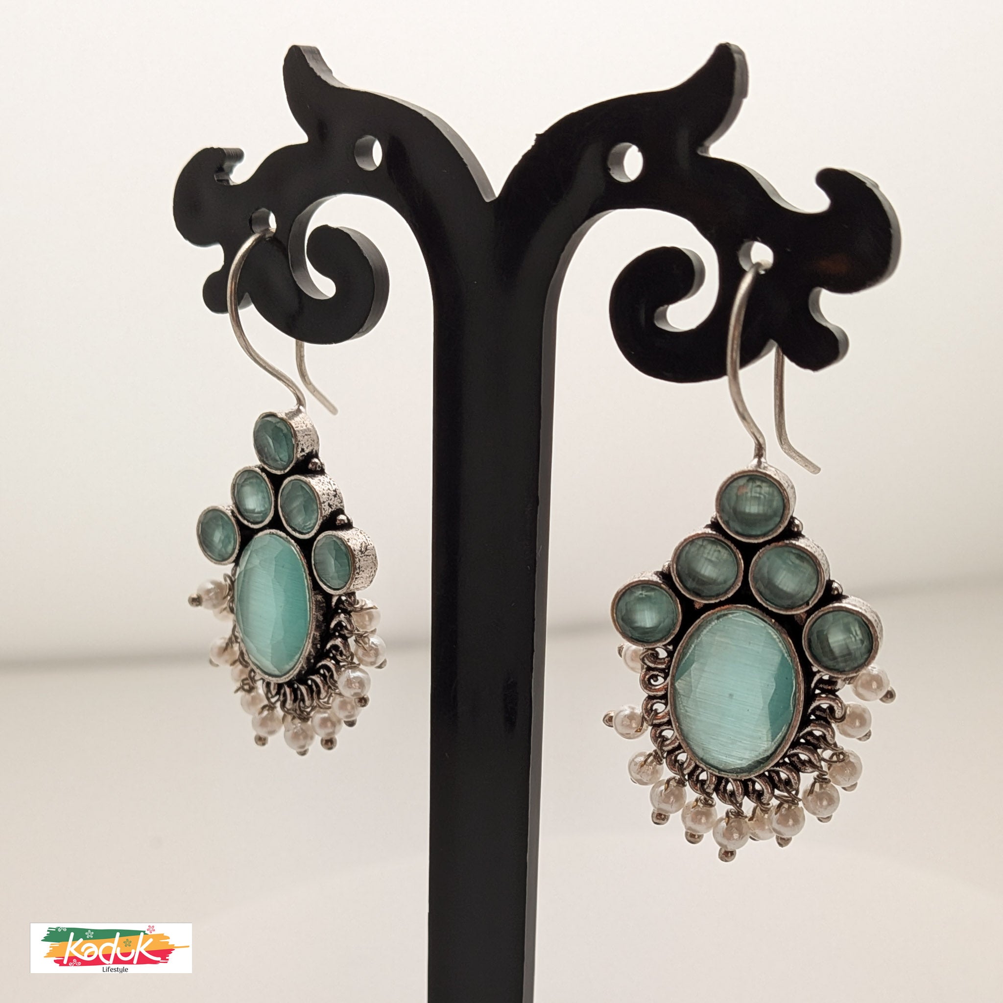 Oxidized Silver Earrings with Mint Green Stones & Pearl Danglers