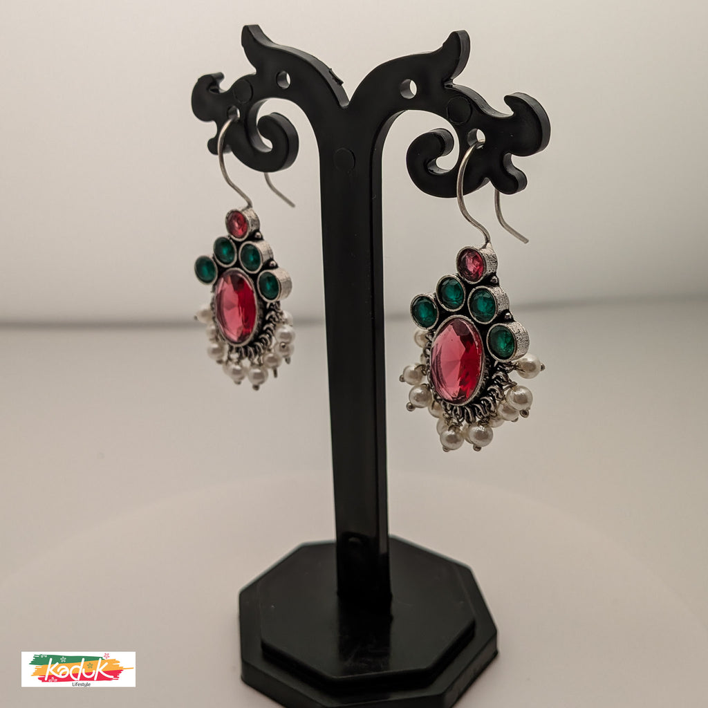 Oxidized Silver Earrings with Pink & Green Stones and Pearl Danglers
