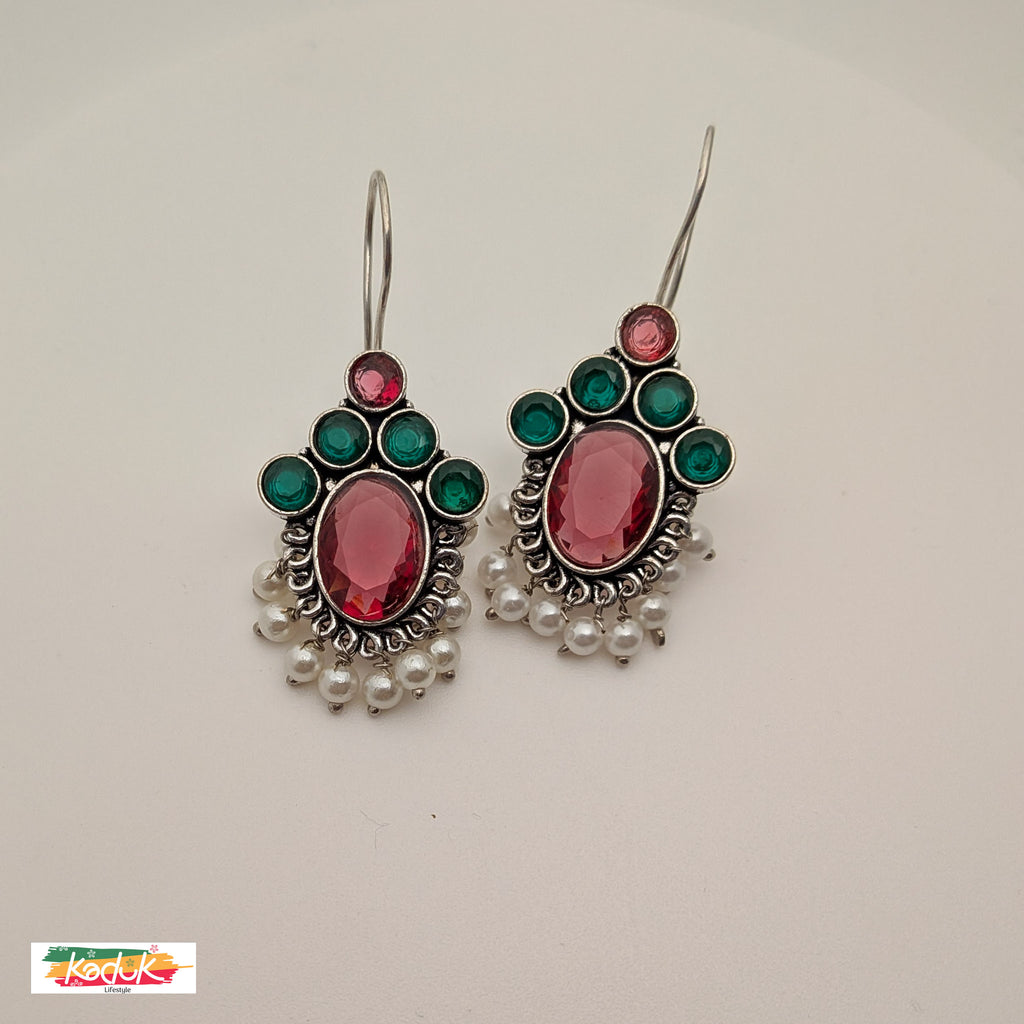 Oxidized Silver Earrings with Pink & Green Stones and Pearl Danglers