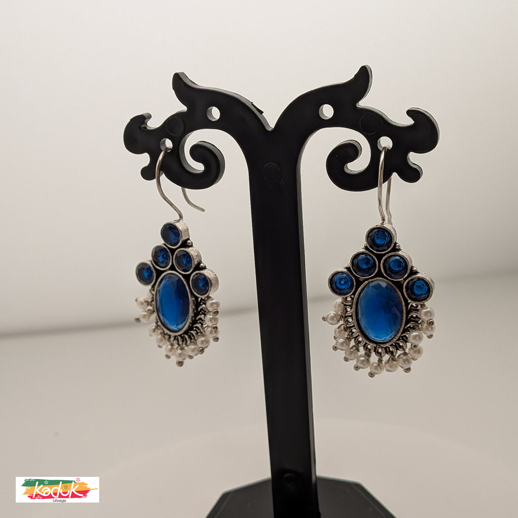 Oxidized Silver Earrings with Blue Stones and Pearl Danglers