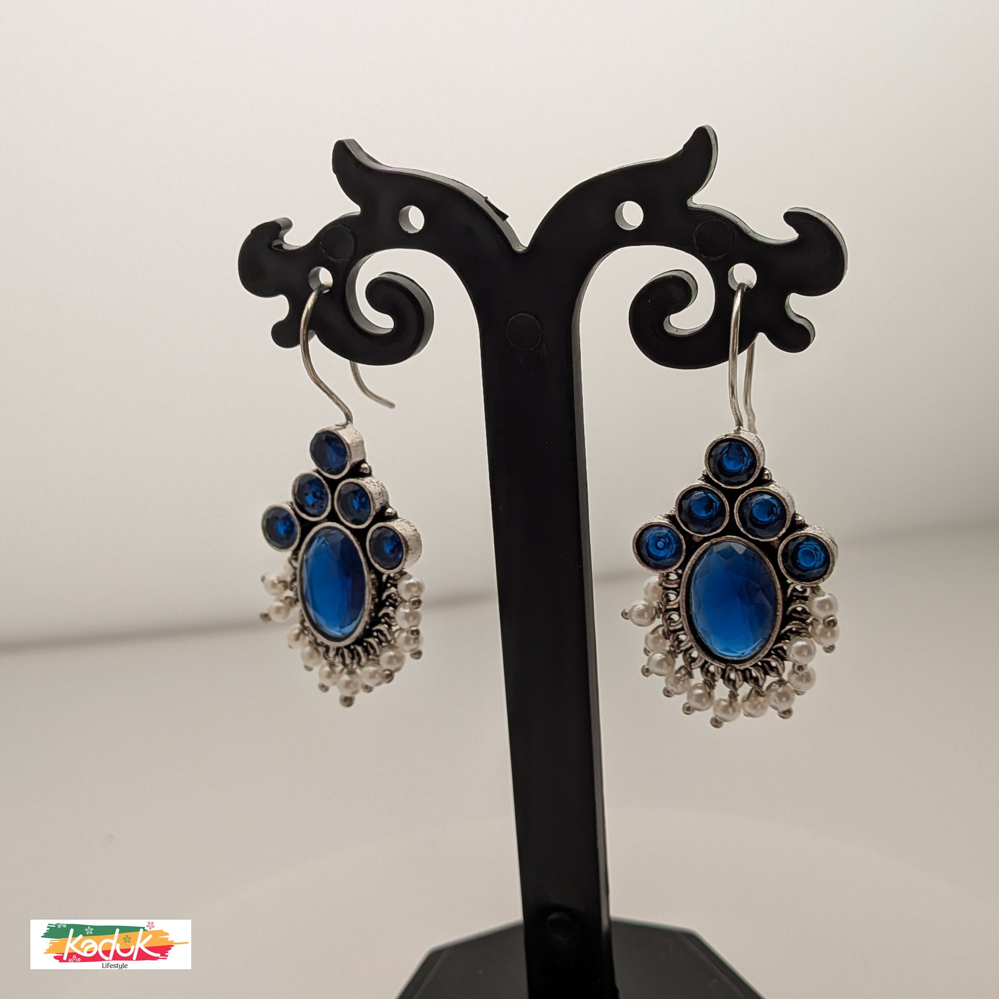 Oxidized Silver Earrings with Blue Stones and Pearl Danglers