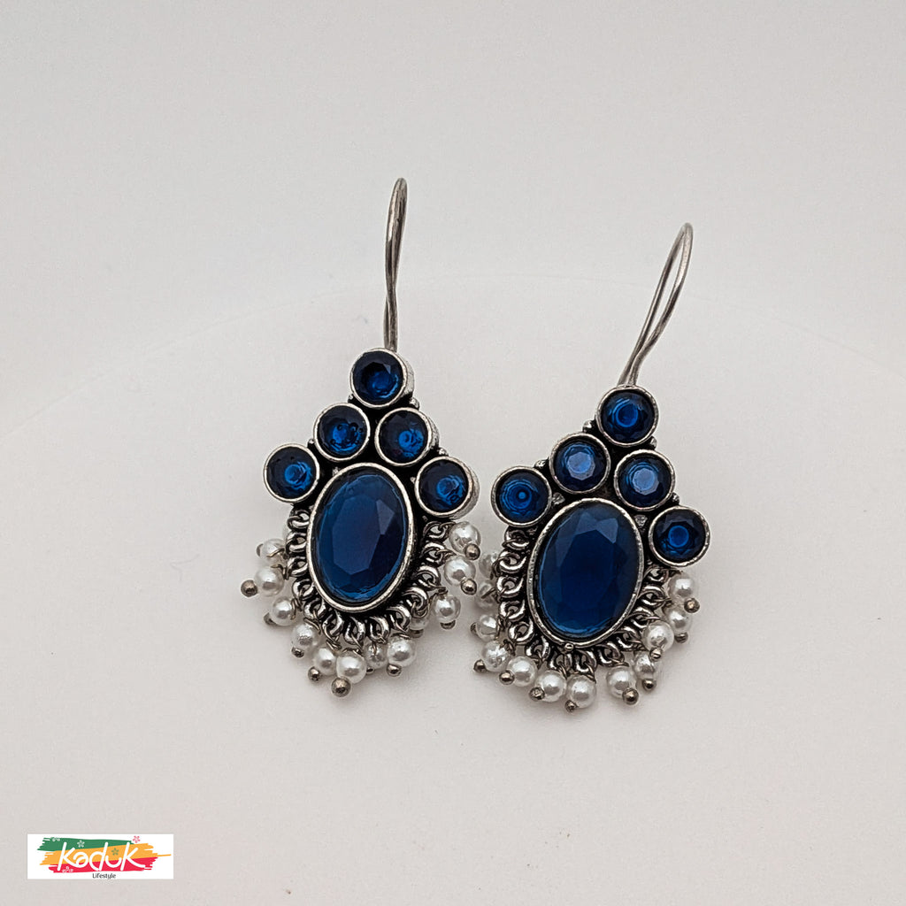 Oxidized Silver Earrings with Blue Stones and Pearl Danglers