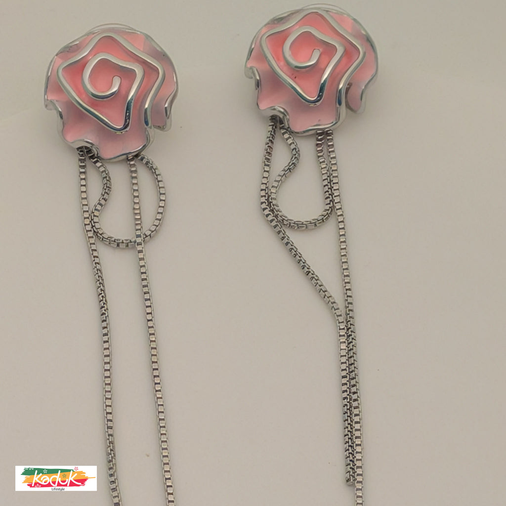 Pink Rose Bloom Earrings with Silver Chains