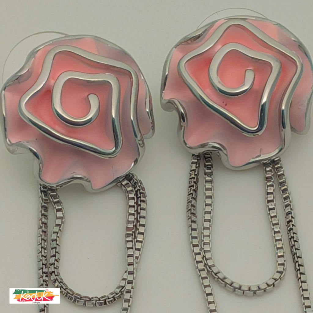 Pink Rose Bloom Earrings with Silver Chains