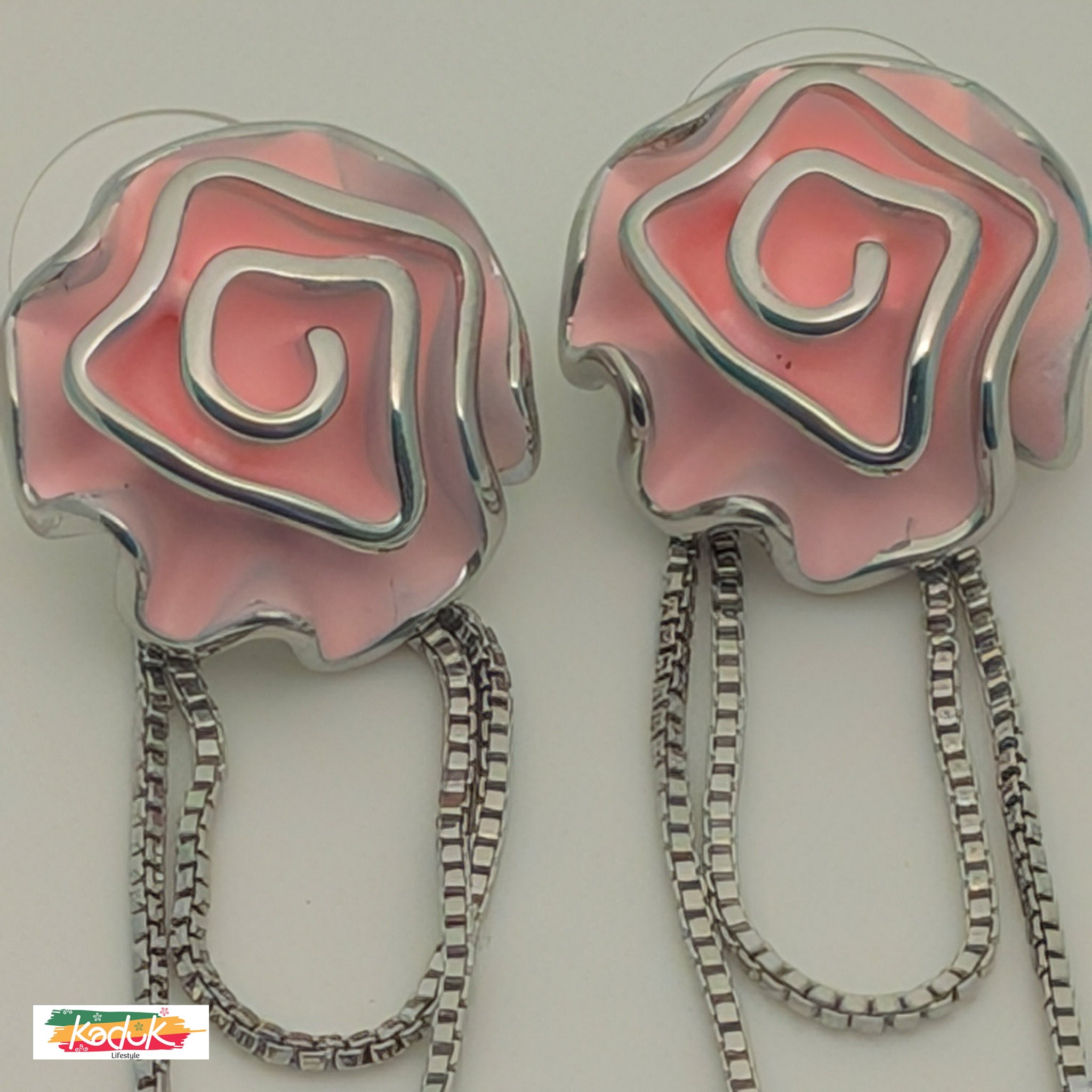Pink Rose Bloom Earrings with Silver Chains
