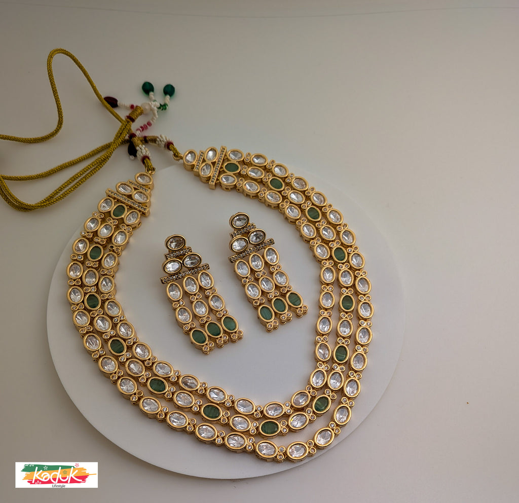 Royal Kundan Necklace & Earrings –Triple  Layer with Green Stone Detailing