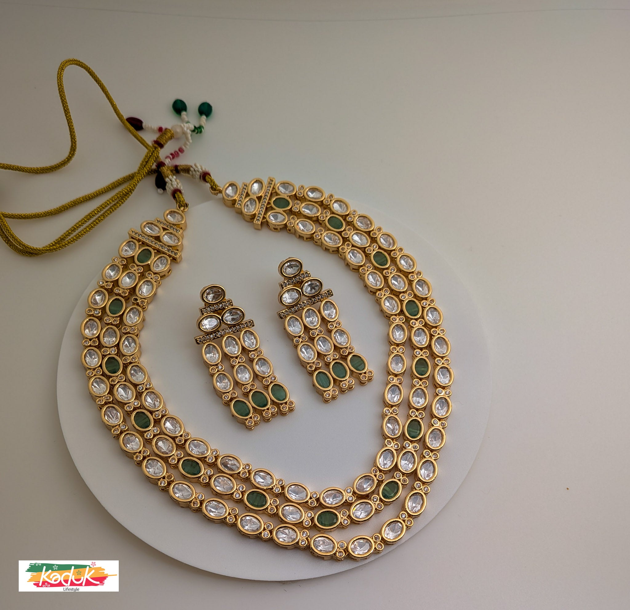 Royal Kundan Necklace & Earrings –Triple  Layer with Green Stone Detailing