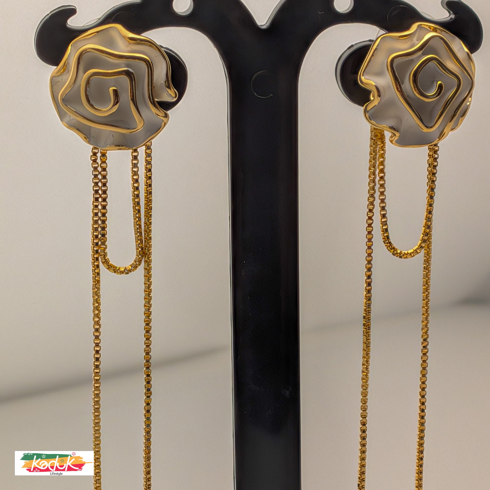 Light Grey & Gold Rose Tassel Earrings