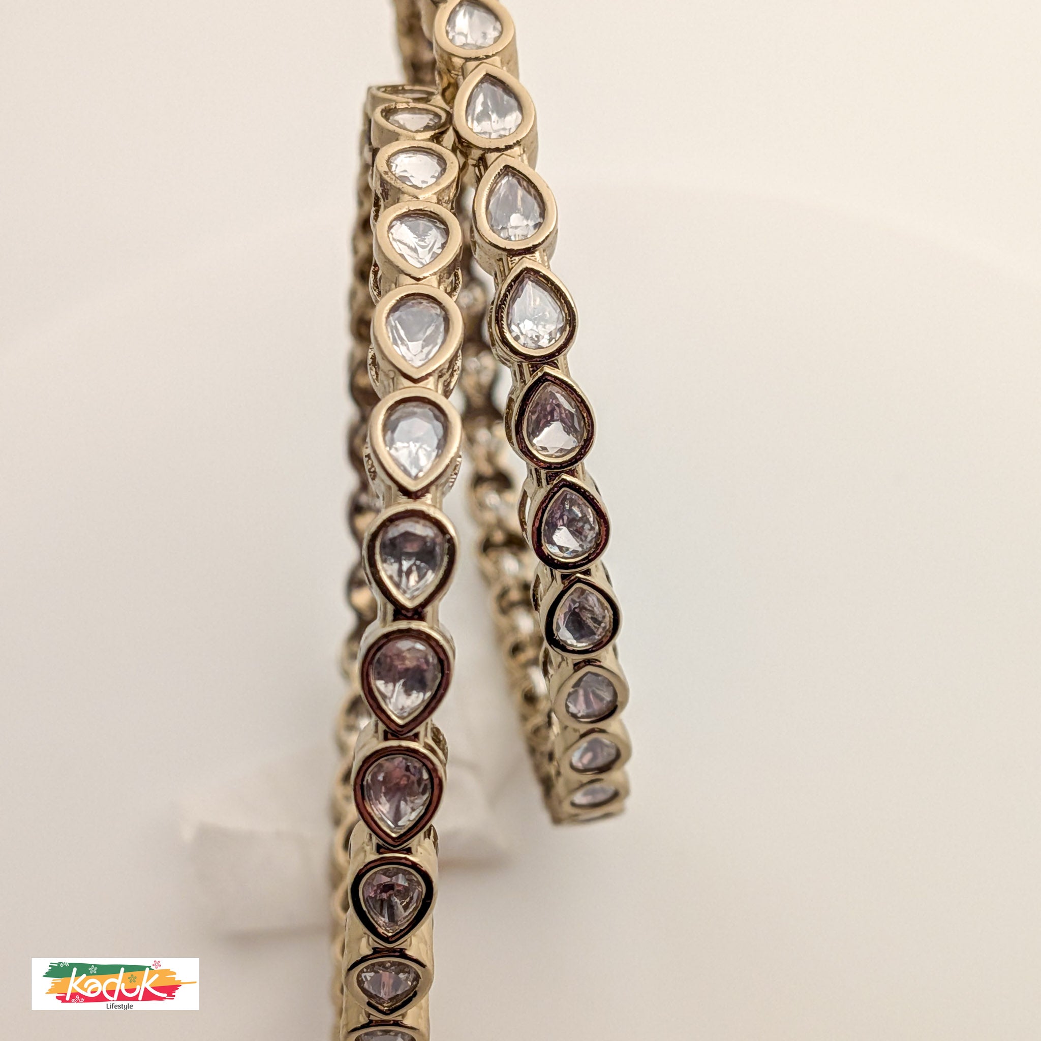 Gold-Plated Kundan Bangles with Teardrop Stones (Set of 2) – Elegant Traditional Jewellery for Women