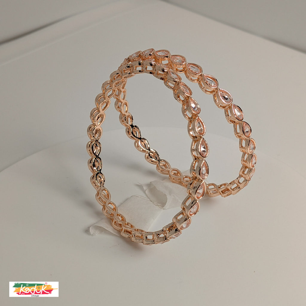 Rose Gold-Plated Kundan Bangles with Teardrop Stones (Set of 2) – Elegant Traditional Jewellery for Women