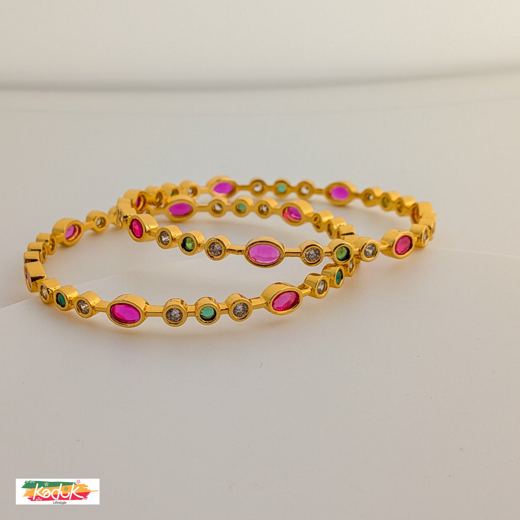 Gold-Plated Multi-Stone Bangles (Set of 2) – Ruby, Emerald & Crystal Accents