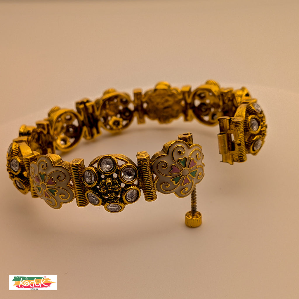Antique Gold-Plated Floral Bangle with Enamel & Stone Work – Traditional Jewellery