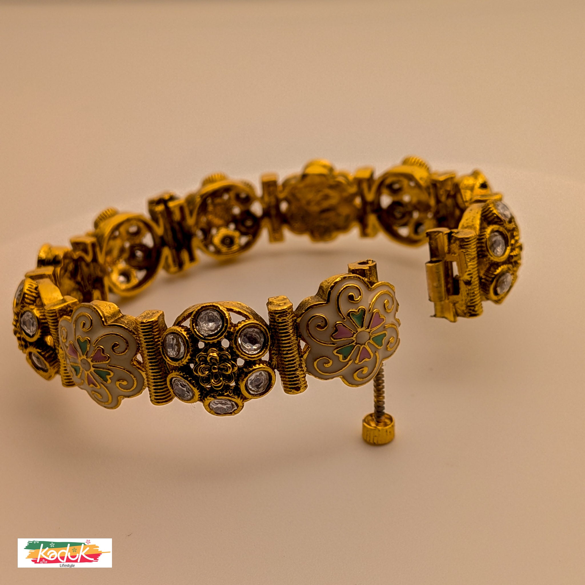 Antique Gold-Plated Floral Bangle with Enamel & Stone Work – Traditional Jewellery