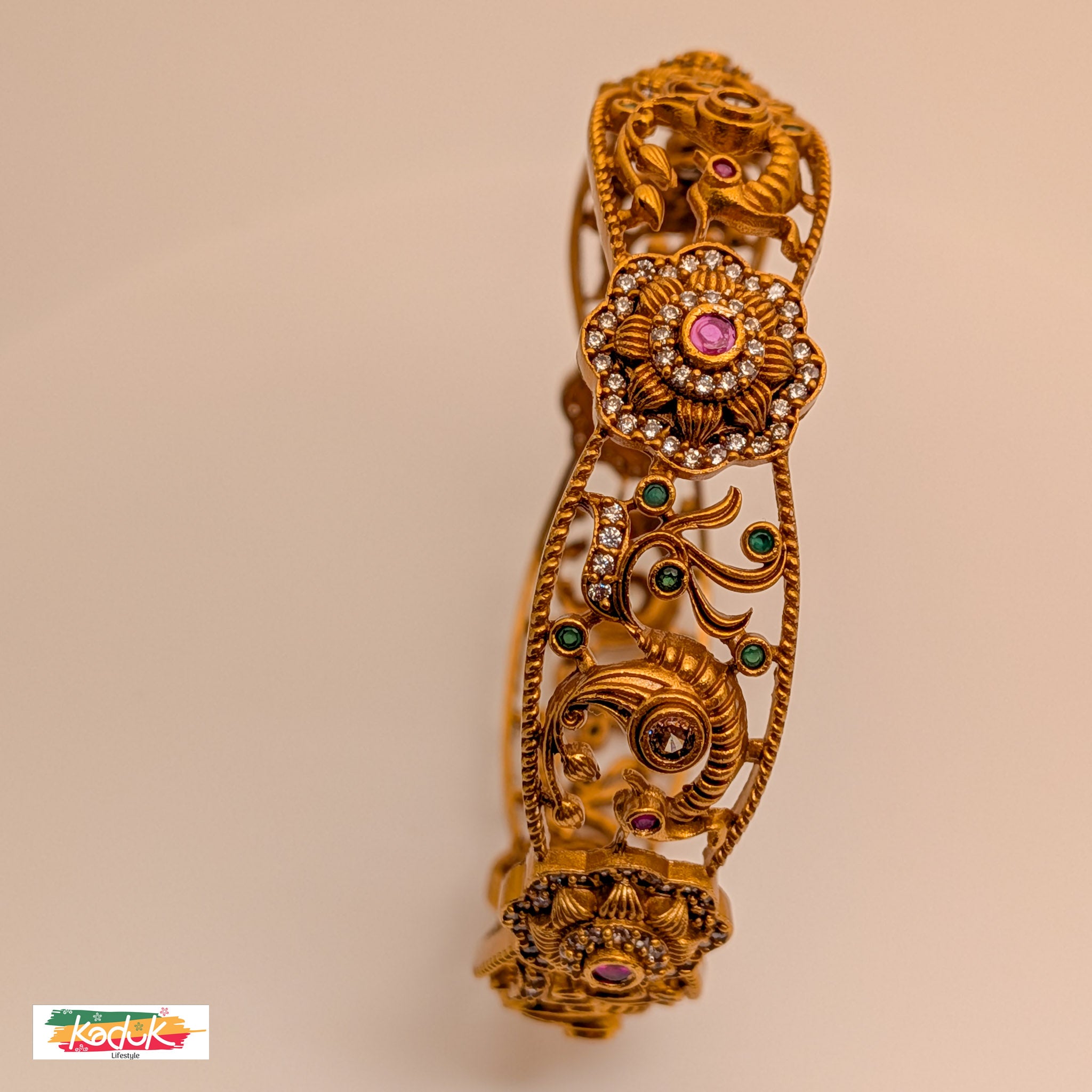 Antique Gold-Plated Floral & Peacock Bangle with Ruby & Emerald Stones – Traditional Bridal Jewellery