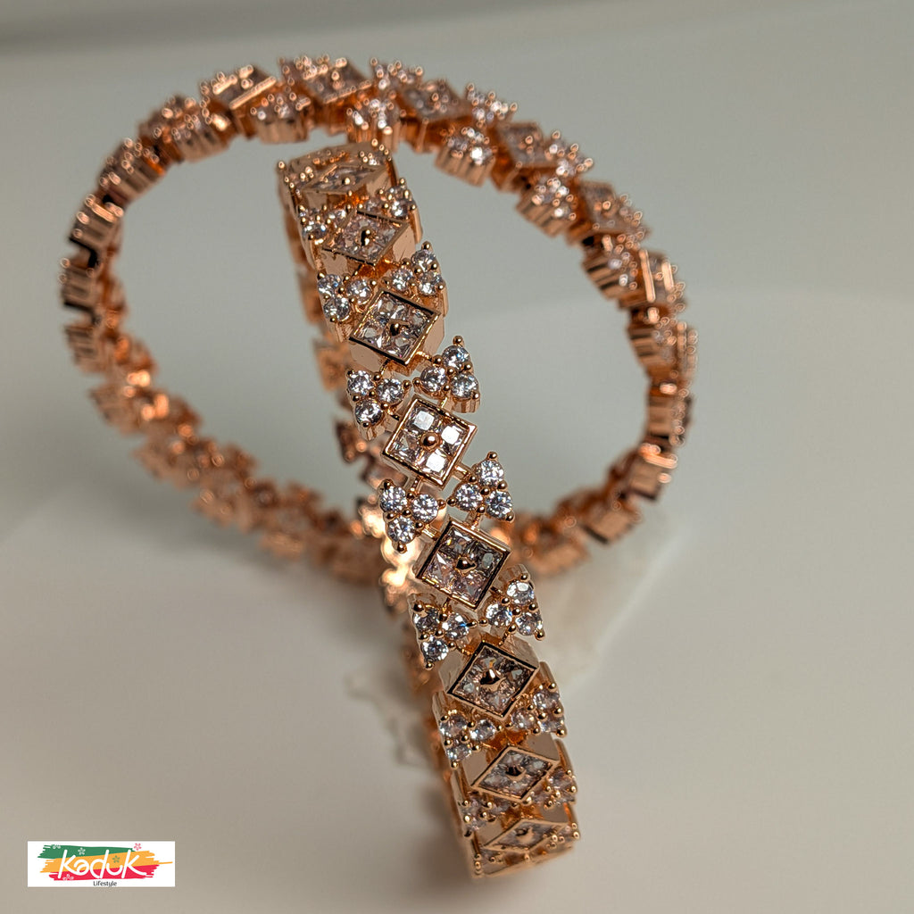 Rose Gold-Plated Diamond-Cut Bangles with Sparkling Stone Work (Set of 2)