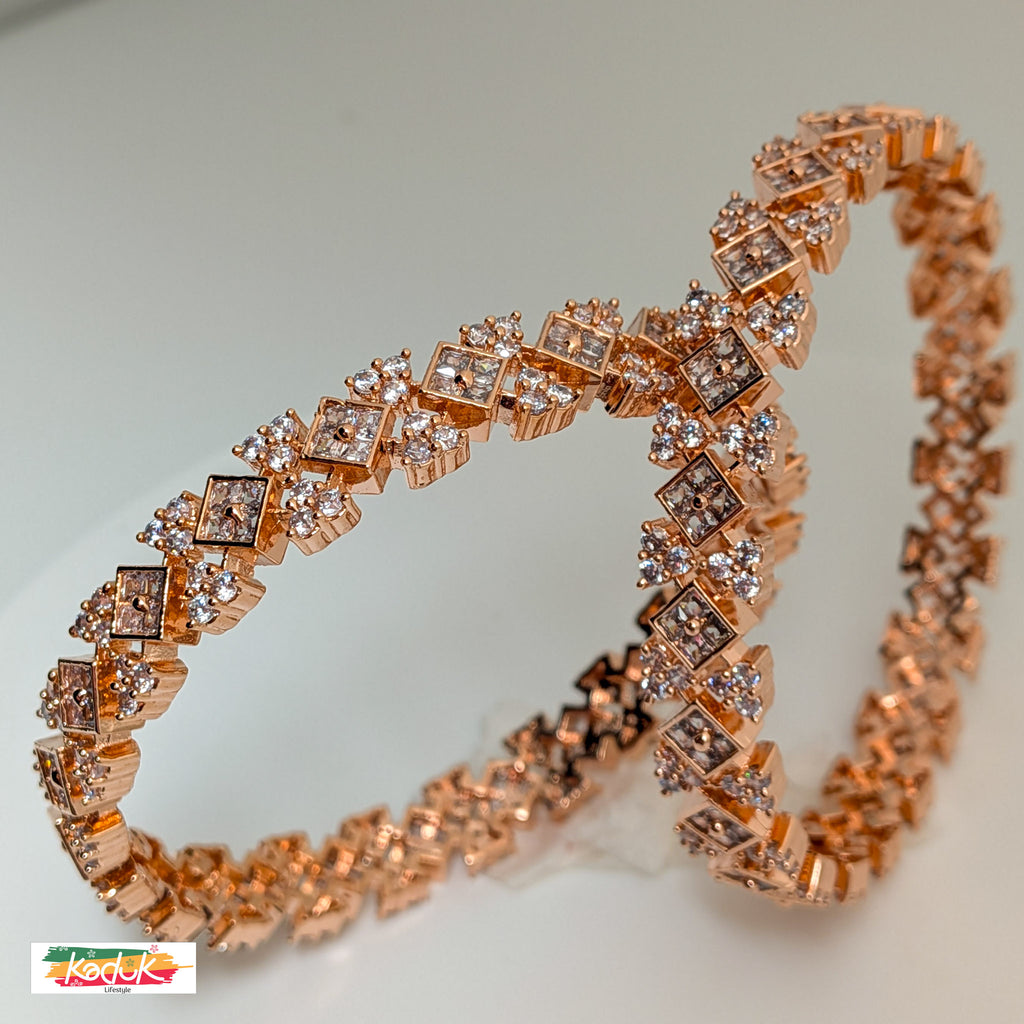 Rose Gold-Plated Diamond-Cut Bangles with Sparkling Stone Work (Set of 2)