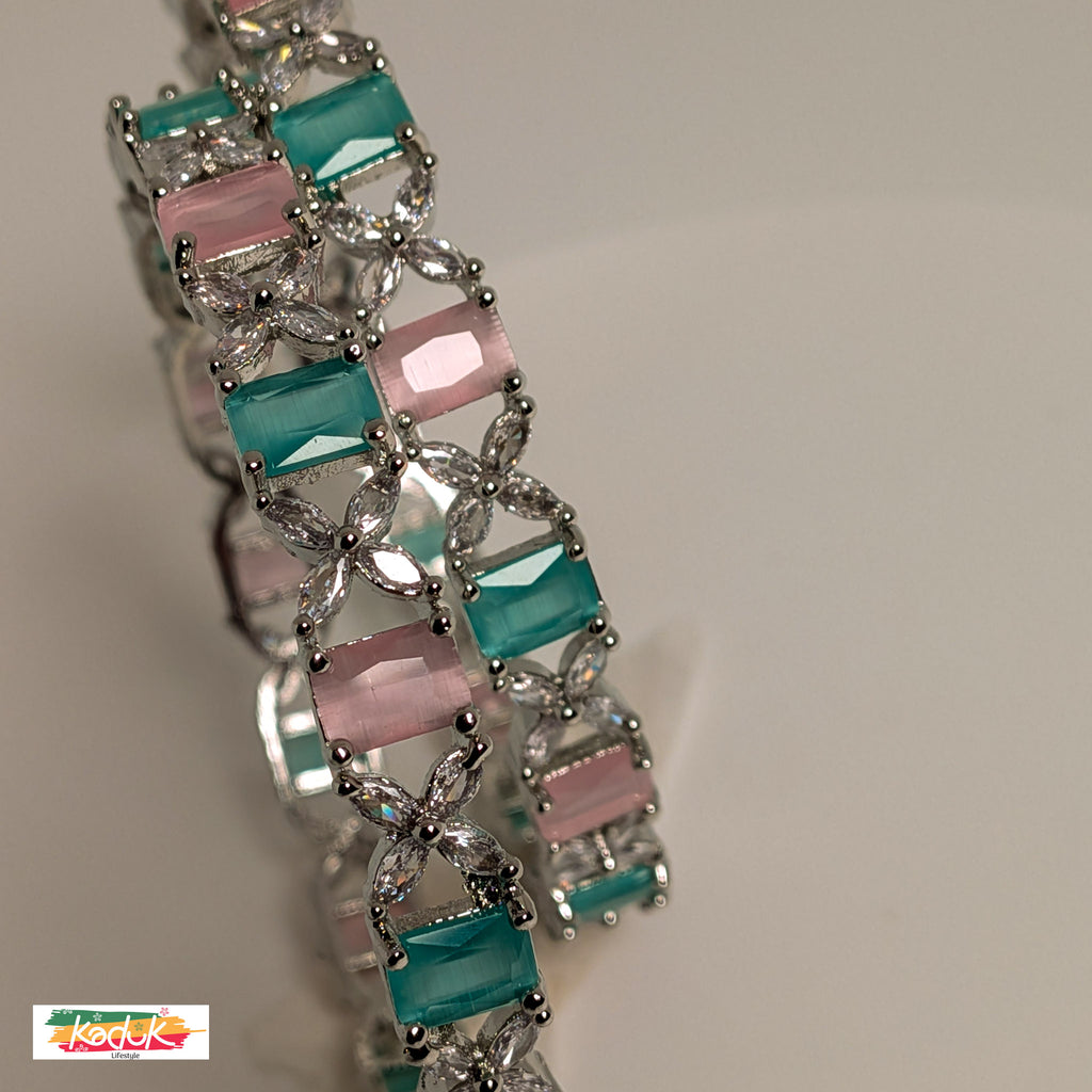 Silver-Plated Pastel Stone Bangles with Pink & Green Accents (Set of 2)