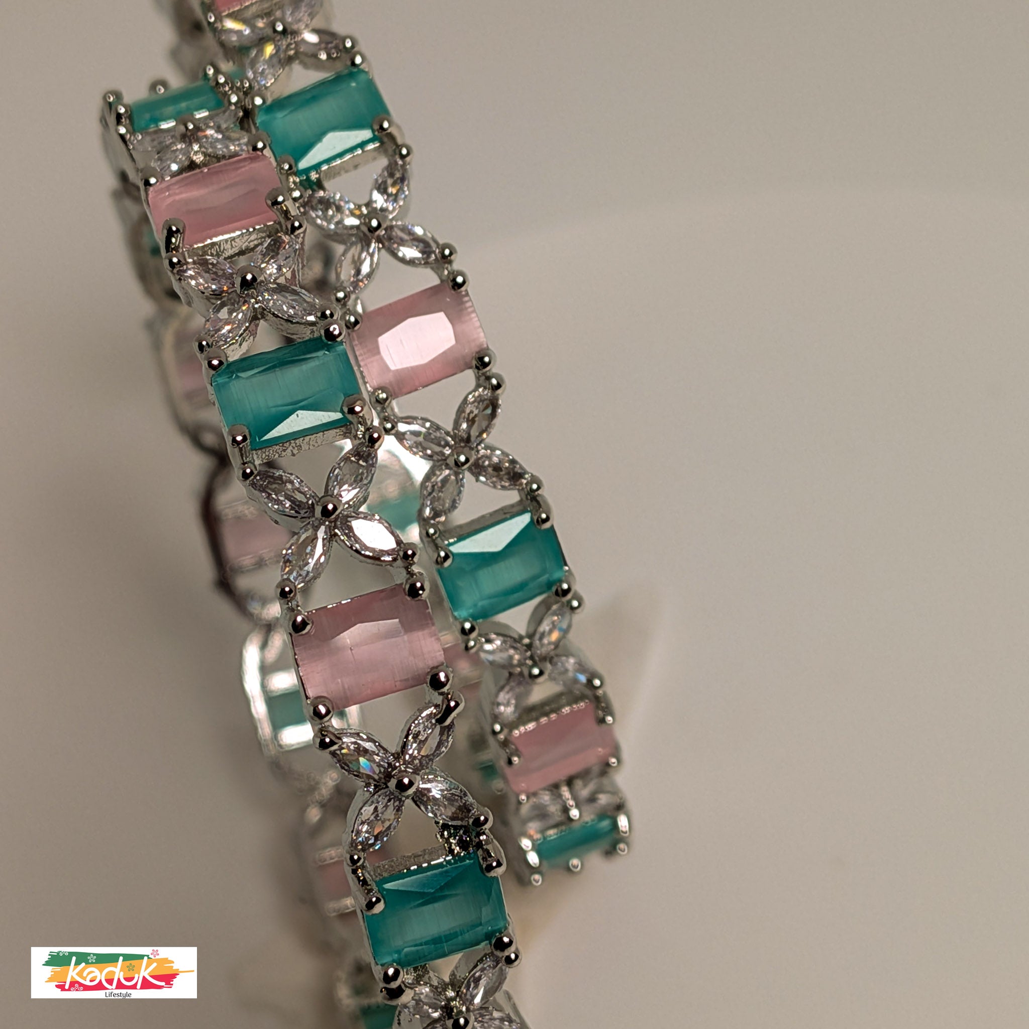 Silver-Plated Pastel Stone Bangles with Pink & Green Accents (Set of 2)