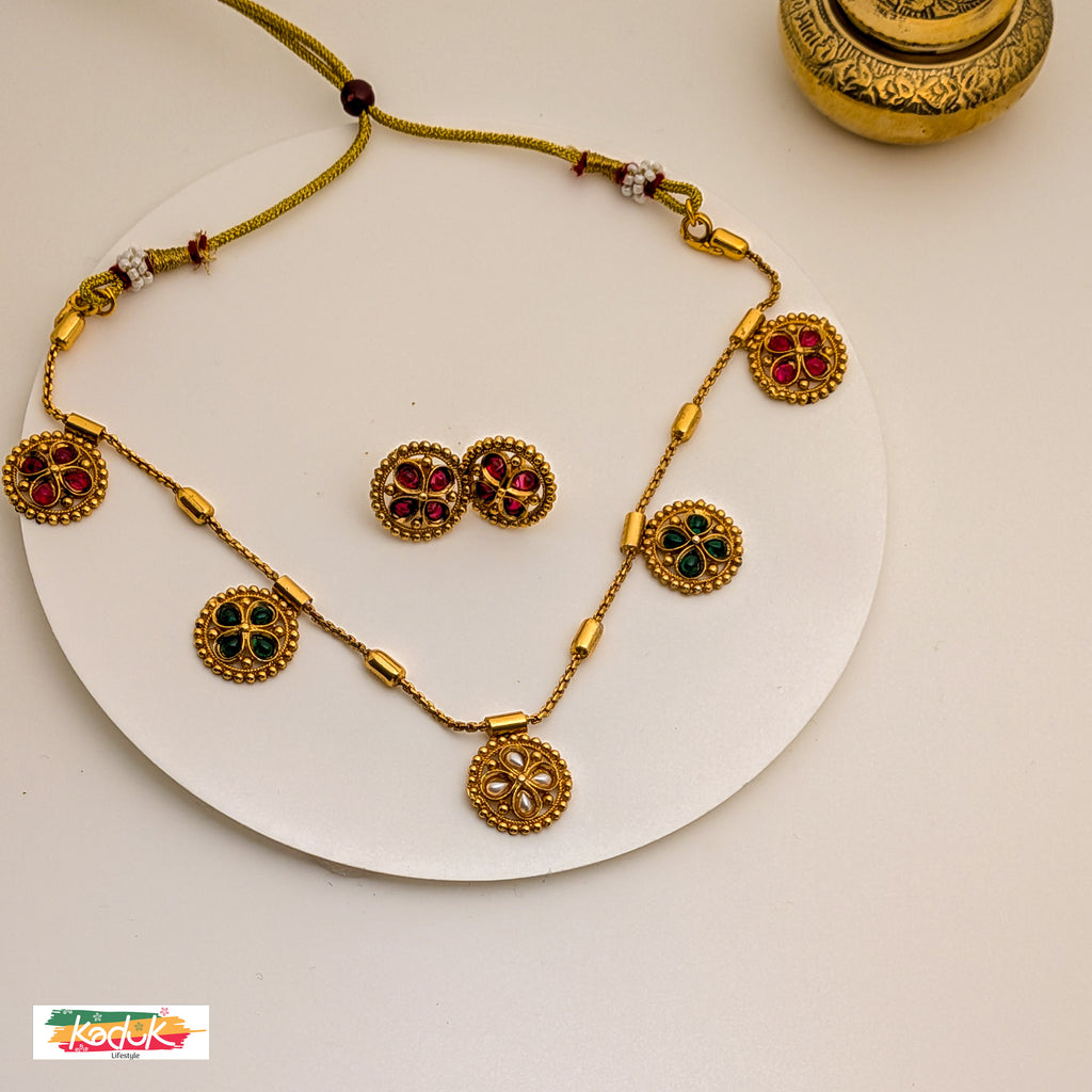 Antique Gold Necklace with multi color Stone Motifs & Earrings