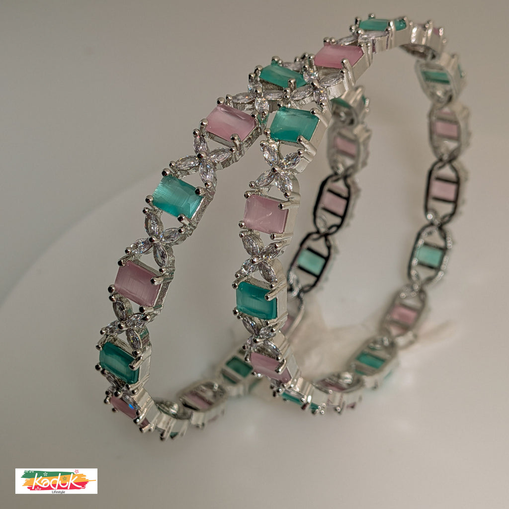 Silver-Plated Pastel Stone Bangles with Pink & Green Accents (Set of 2)
