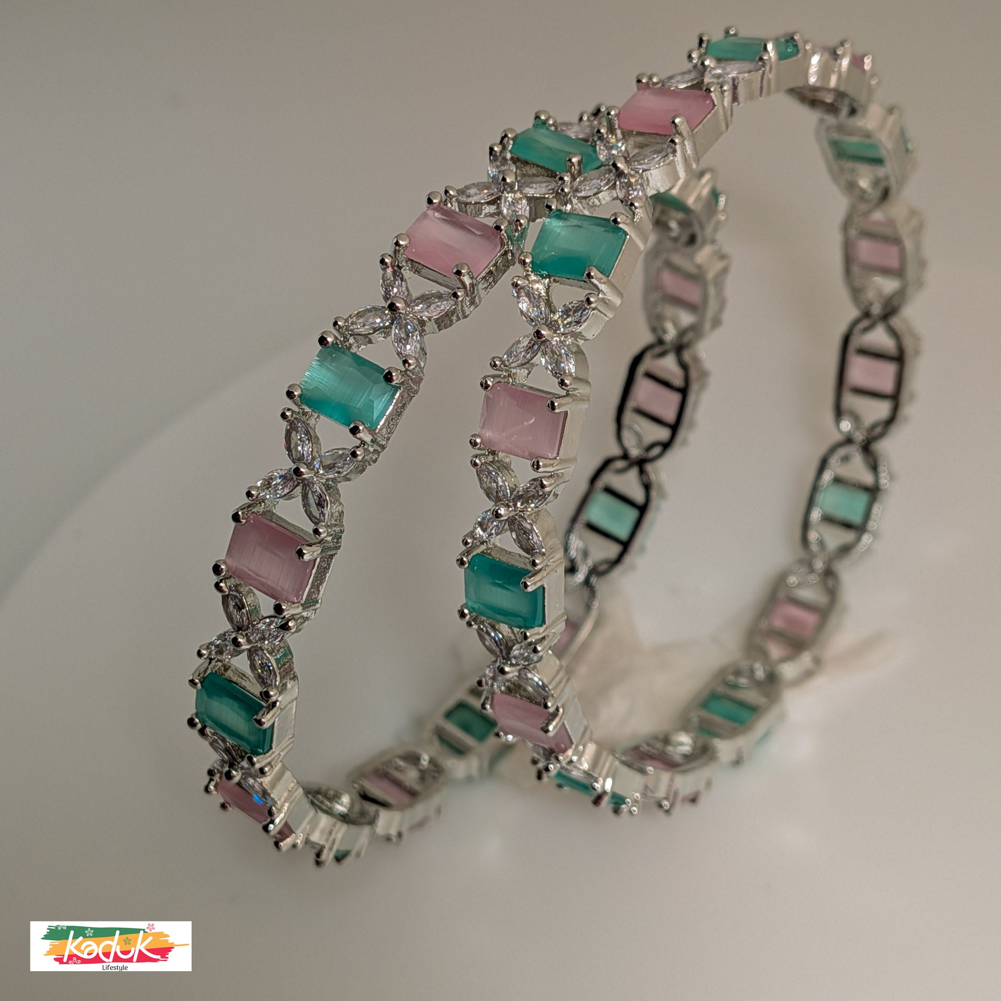 Silver-Plated Pastel Stone Bangles with Pink & Green Accents (Set of 2)