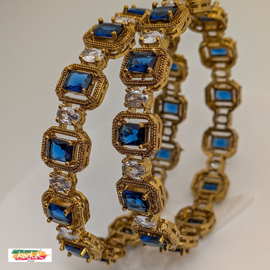 Gold-Plated Sapphire Blue Stone Bangles with Crystal Accents (Set of 2)