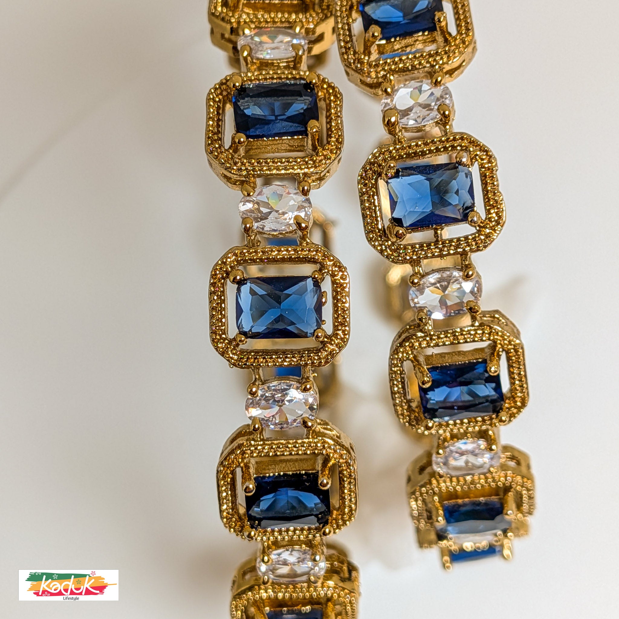 Gold-Plated Sapphire Blue Stone Bangles with Crystal Accents (Set of 2)