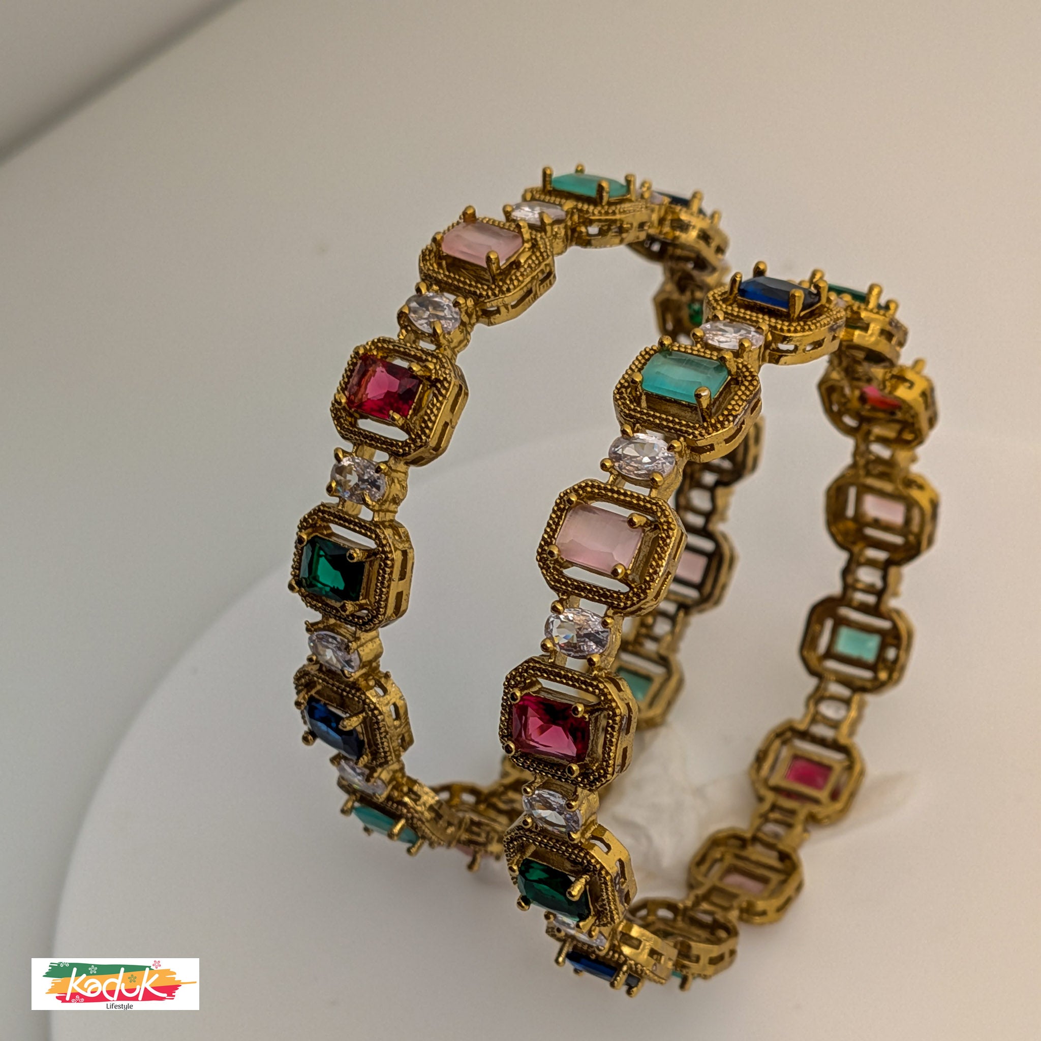 Gold-Plated Multi-Colour Stone Bangles with Crystal Accents (Set of 2)