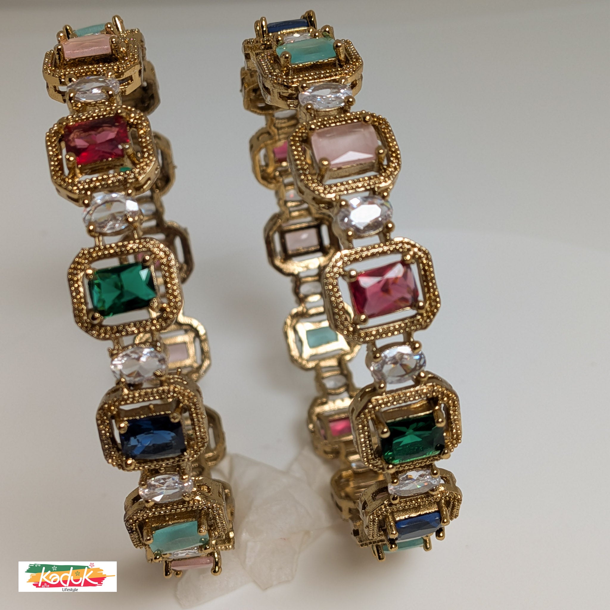 Gold-Plated Multi-Colour Stone Bangles with Crystal Accents (Set of 2)