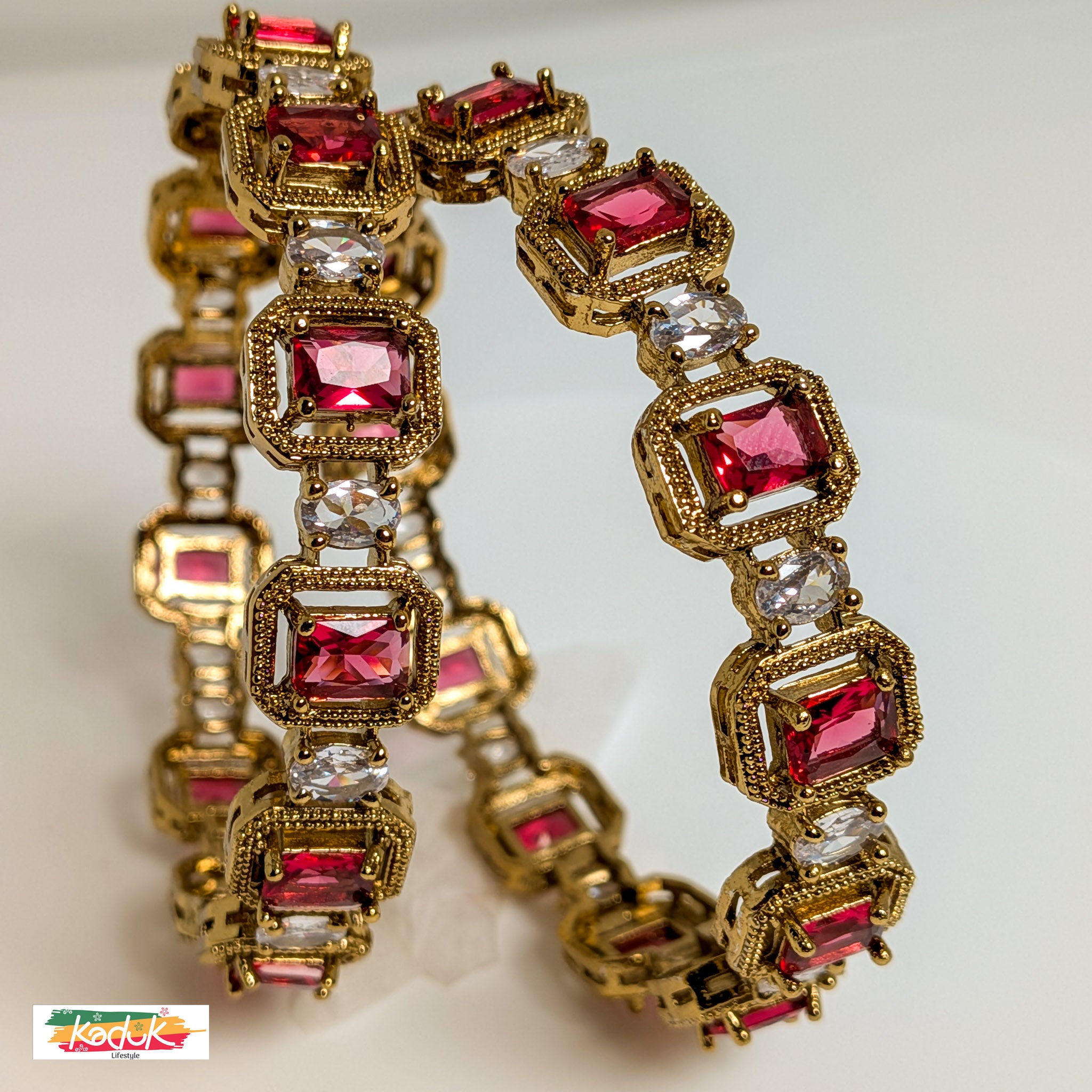Gold-Plated Ruby Red Stone Bangles with Crystal Accents (Set of 2)