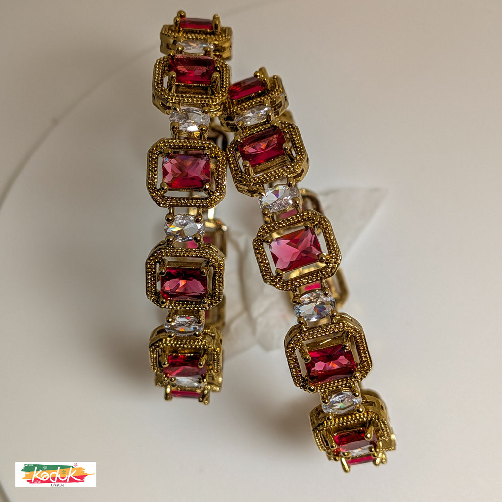 Gold-Plated Ruby Red Stone Bangles with Crystal Accents (Set of 2)