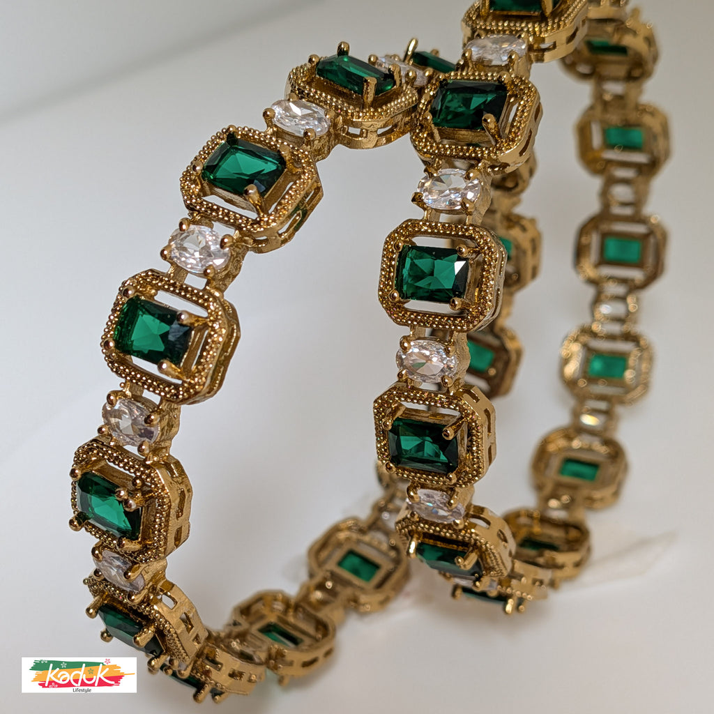 Gold-Plated Emerald Green Stone Bangles with Crystal Accents (Set of 2)